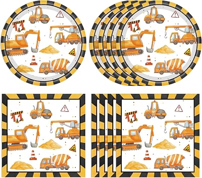 40Pcs Construction Plates and Napkins Set Construction Birthday Decorations Disposable Tableware Paper Plates and Napkins, for Toddler Kids Boys Dump Digger Tractor Excavator Birthday Decor, Serves 20