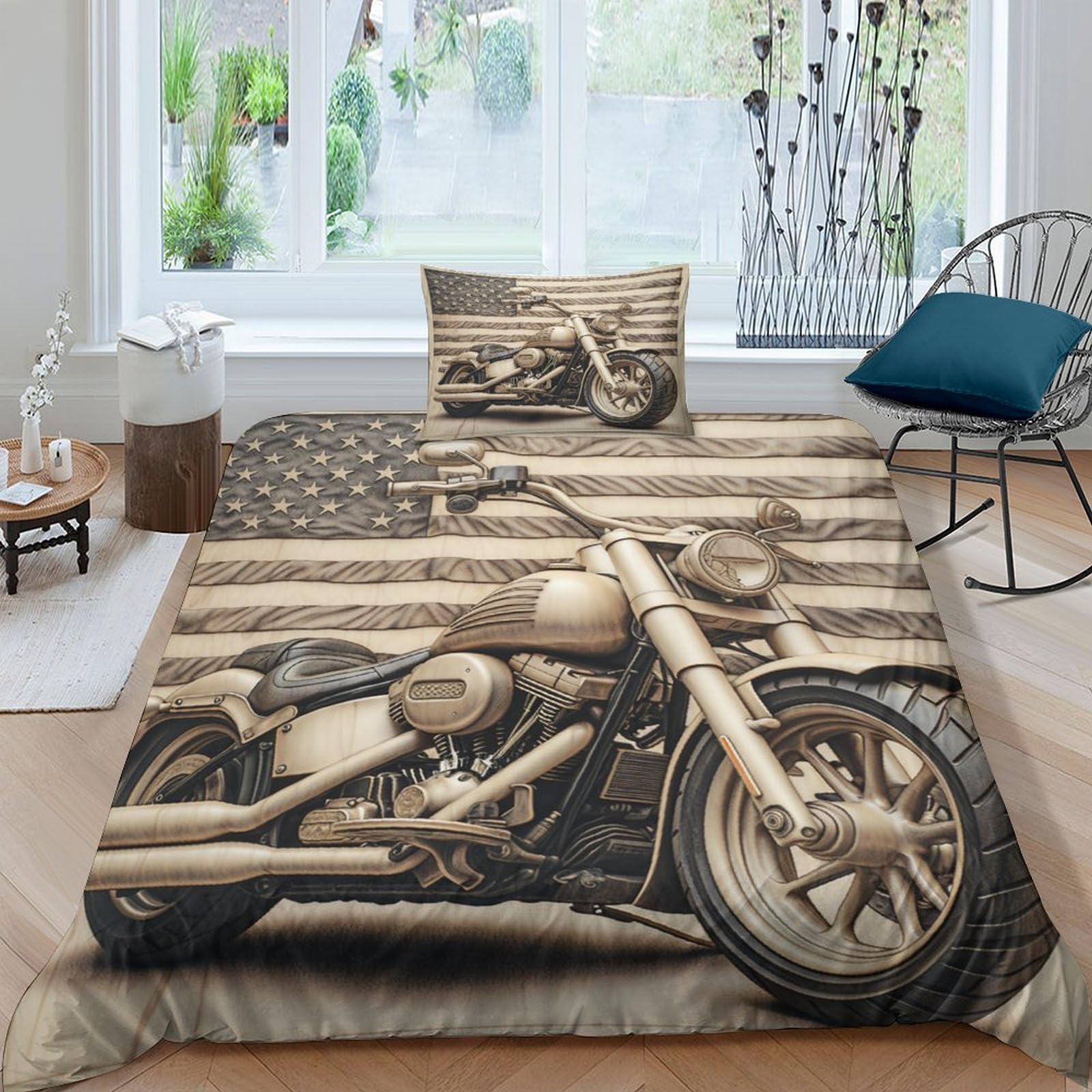 ESSAHI Harley Rider Duvet Cover 3D Print Bedding Set for Boys Girls Vintage Motorbikes Quilt Cover Soft Microfiber with Pillowcases Hidden Zipper Comforter Cover 3 Pcs Single（135x200cm）