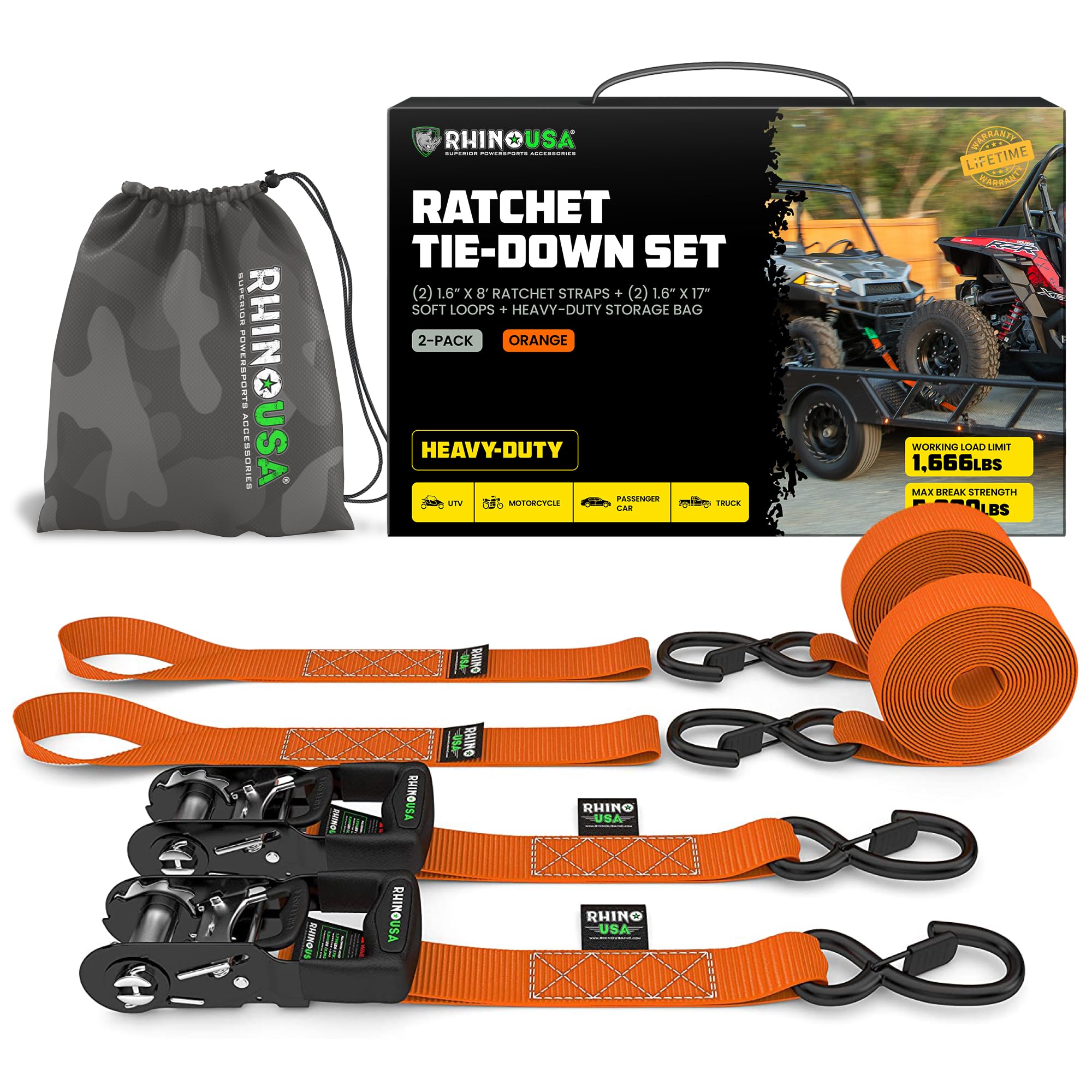 Rhino USA Ratchet Straps Heavy Duty Kit (2-Pack) - 1.6 Inch x 8 Feet (5,208lb Break Strength) - Ultimate Tie Down Straps with Safety S Hooks for Trucks, ATV, UTV, Motorcycle, Cargo & More - Orange