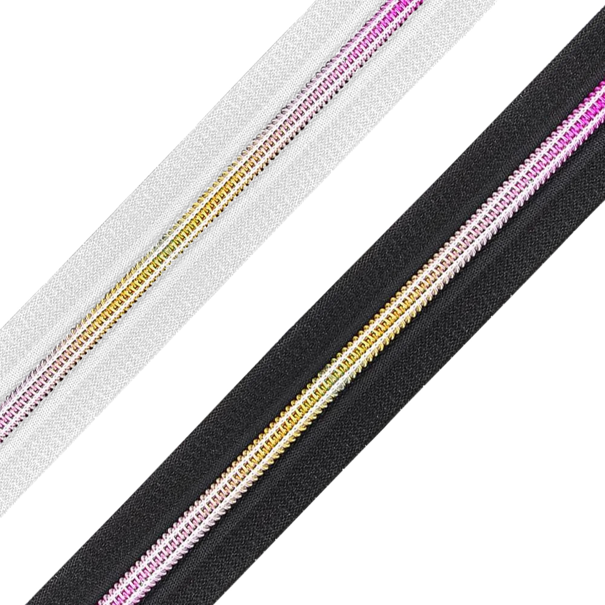 Trimming Shop Lot de 30 rubans de fermeture éclair rectangulaires en nylon arc-en-ciel avec fermeture éclair blanche de 10 mètres – Dents arc-en-ciel métalliques pour couture, couture