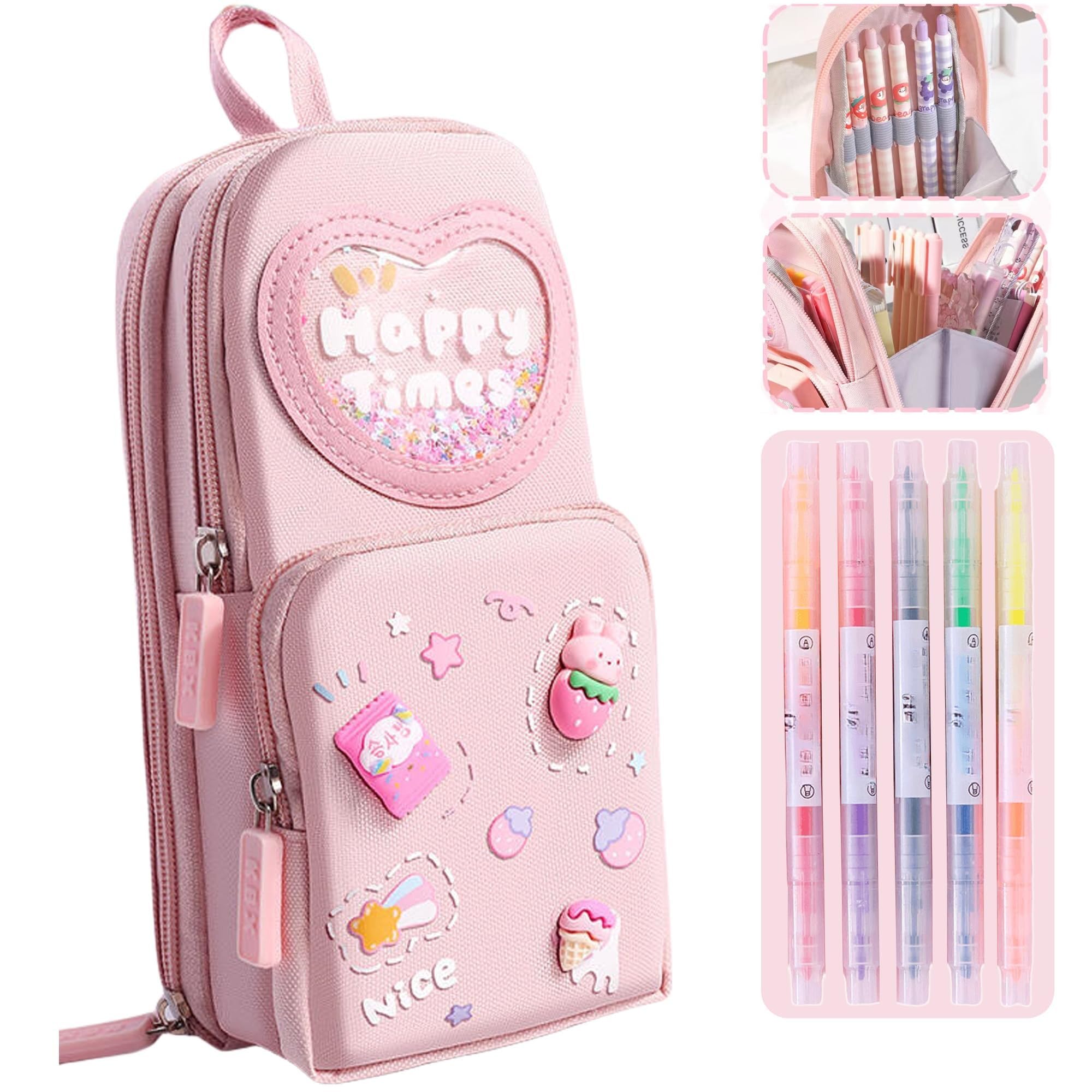 PGQIQGNM Mini Backpack Pencil Case Art Marker Storage Canvas Makeup Pocket Small Gadget Bag Organizer Random Free of Highlighters (Cherry Pink)