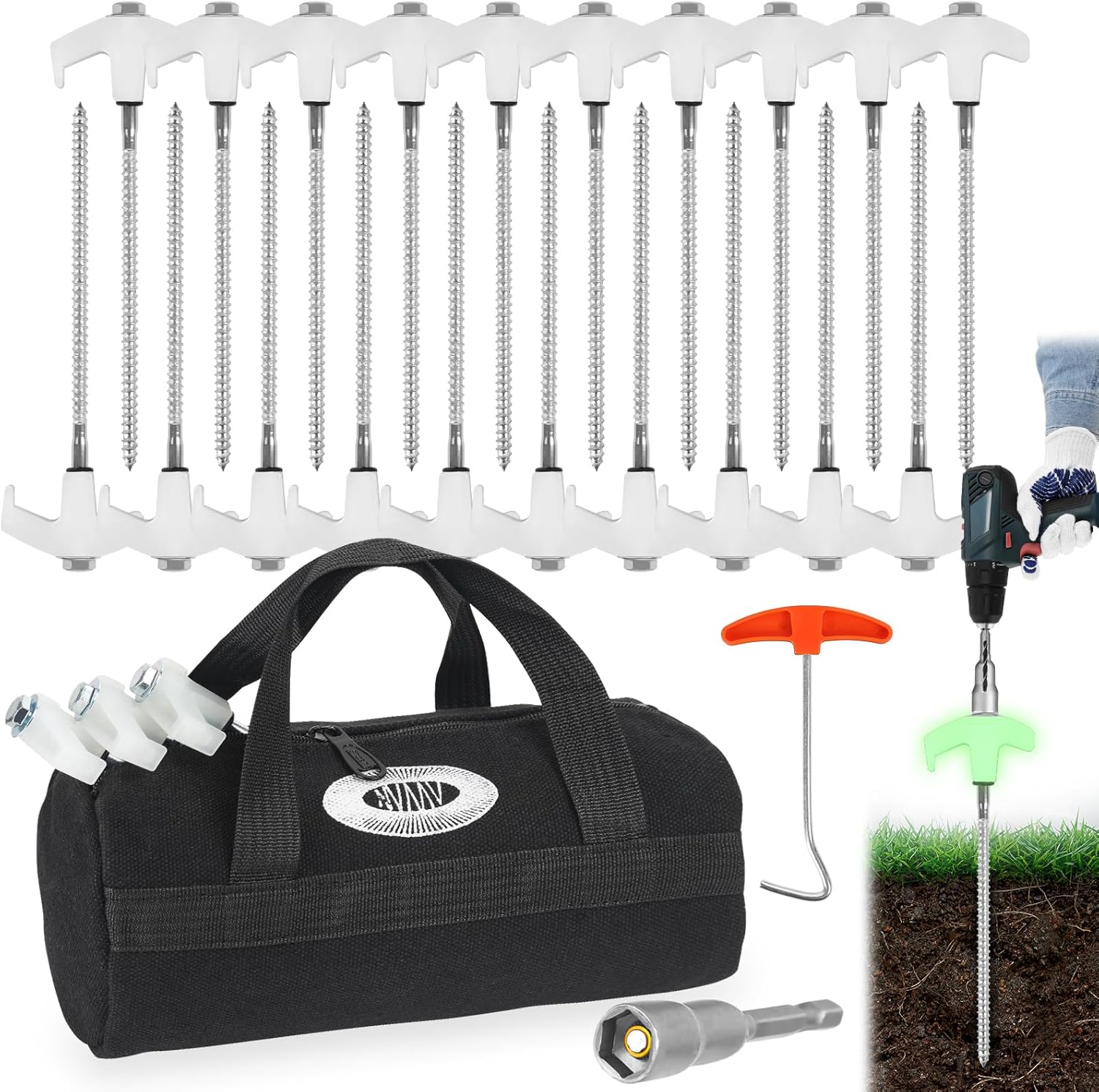 20 Pcs 8" Heavy Duty Drill Tent Stakes with Storage Bag, Glow-in-The-Dark Ground Anchor Peg, Metal Threaded Screw-in Tent Stake for Camping Swing Canopies with 1 Hex Nut Driver, Peg Puller