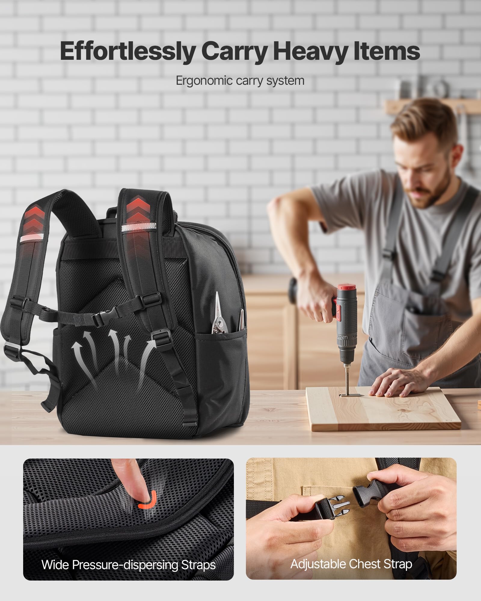VEVOR Zaino Portautensili, 49 Tasche, Organizzatore per Attrezzi Pesanti, Zaino da Lavoro con Scomparto per Laptop e Base in Tessuto, Borsa da Cantiere per Elettricisti, Riparatori e Tecnici HVAC