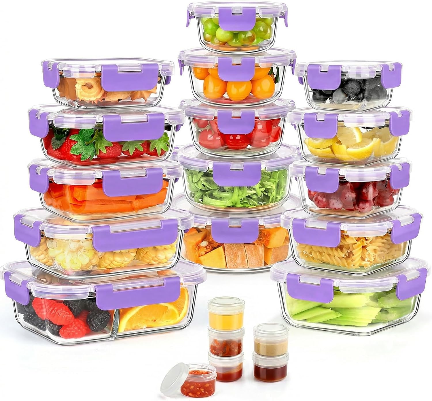 AMALEKO 42pcs Glass Food Storage Containers with Lids Set, 21 Containers & 21 Lids Glass Meal Prep Containers with Snap Locking Lid Set, Leak Proof Lunch Container BPA-Free,Purple