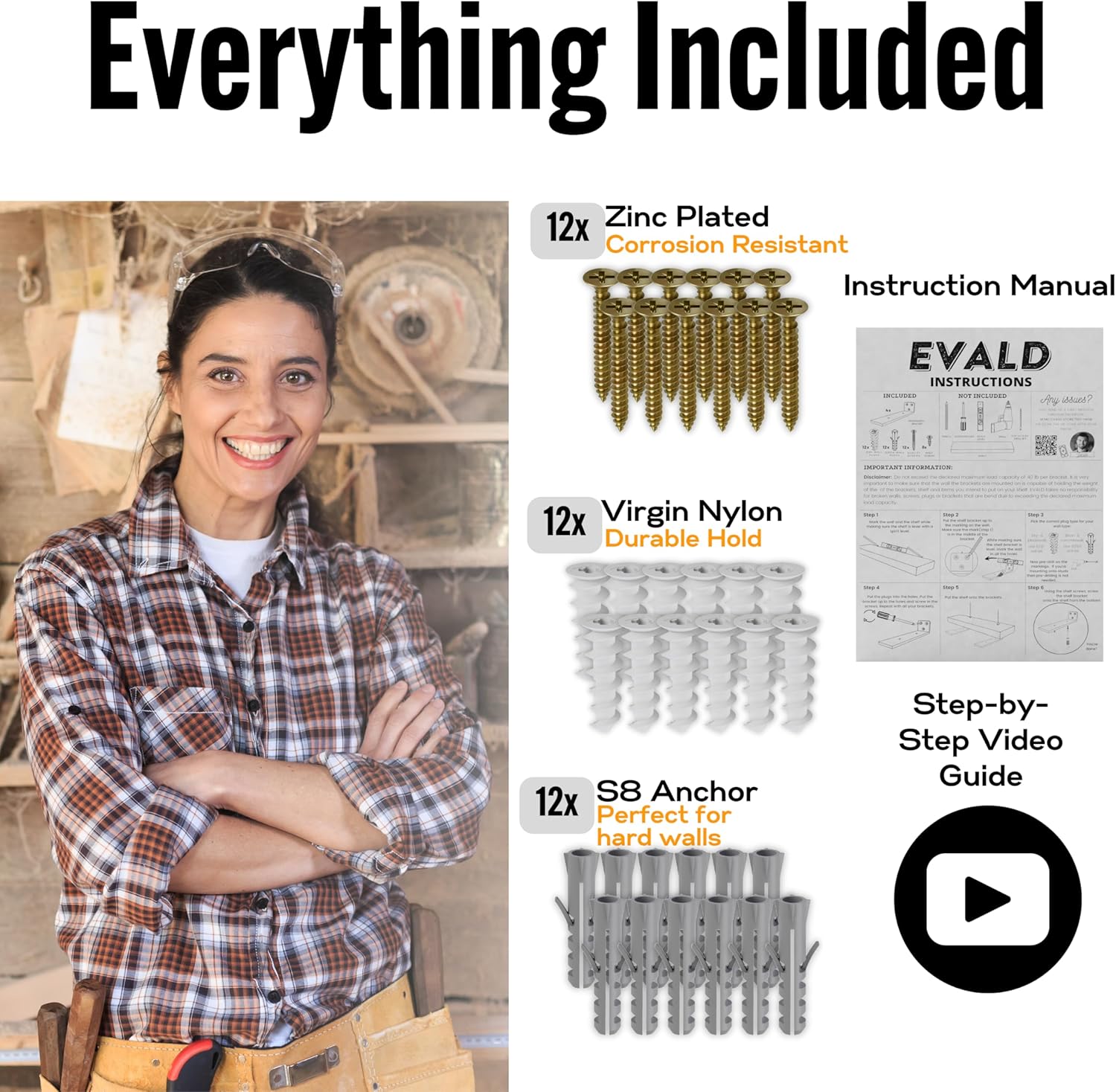 EVALD Floating Shelf Brackets | Hidden Black Carbon Steel Brackets for 4-inch Board (3 1/4" True Size) Kitchen, Nursery | Minimalist Design for Fireplace Mantel, Bookshelves, Bar Wall Shelves 4 Pack