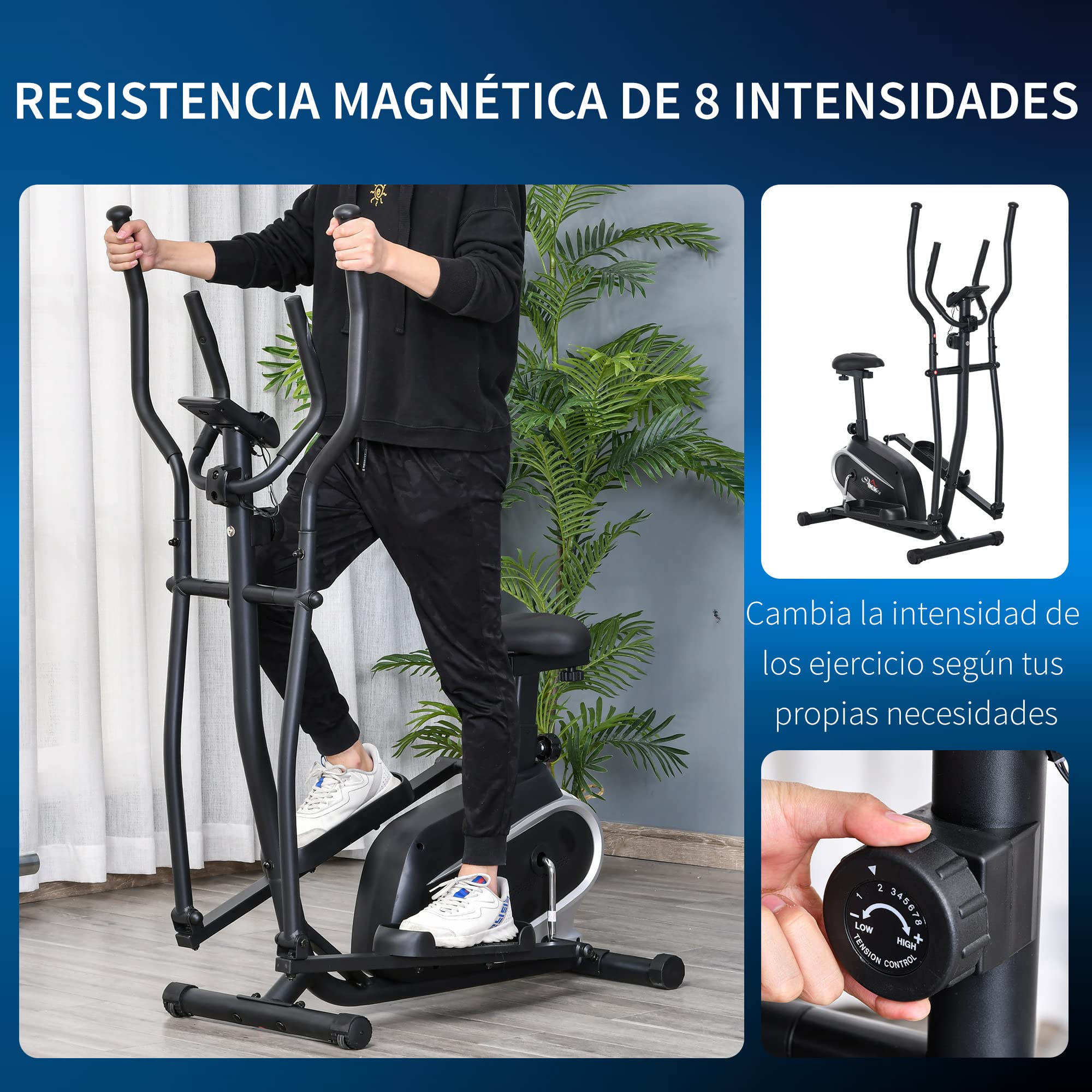 HOMCOM Bicicleta Elíptica Resistencia 8 Niveles LCD 103x62x151 cm Negro | Magnética Ajustable, Bicicleta de Fitness, Sillín Regulable, Pulsómetro, Soporte para Móvil, para Casa Gimnasia