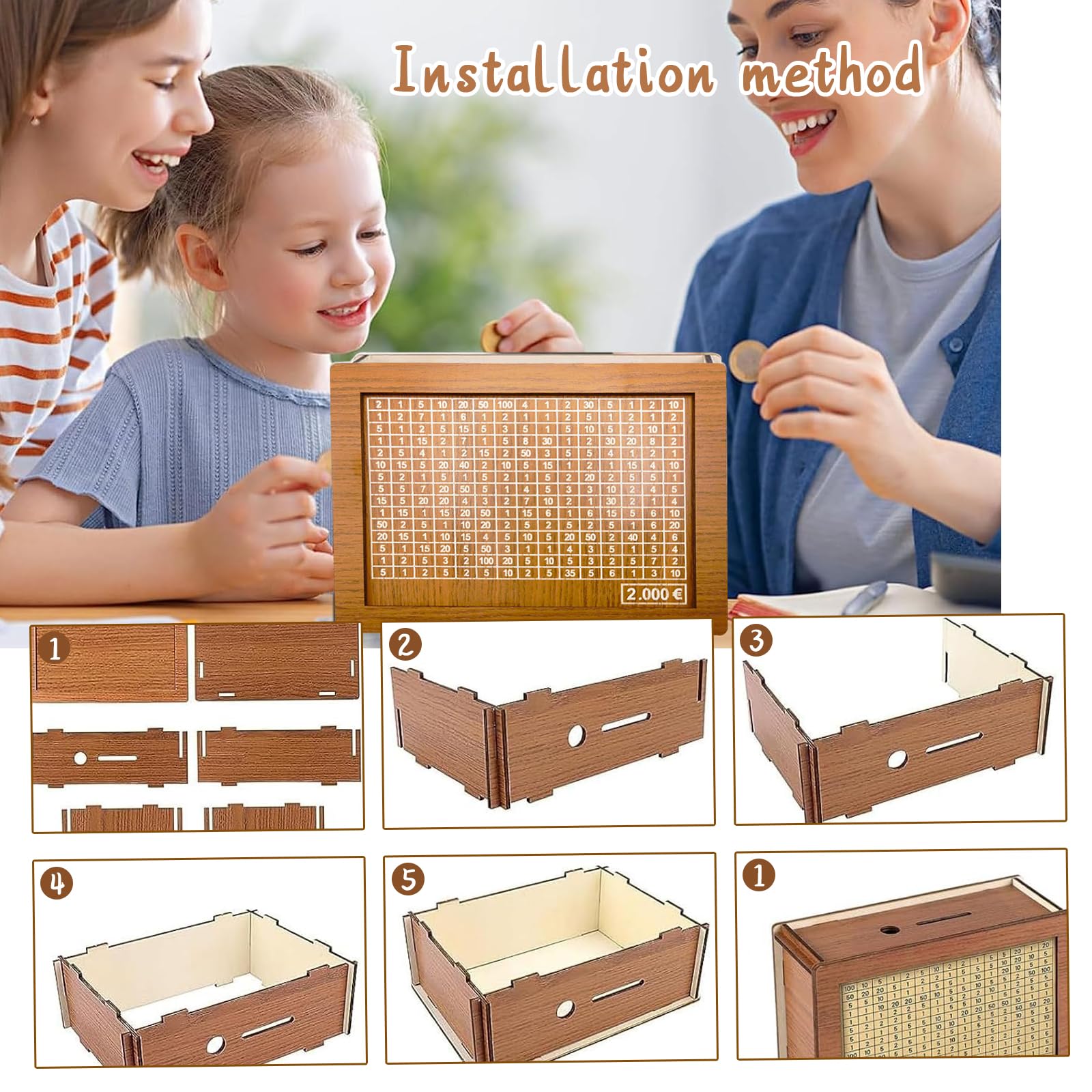 Lithyc Huchas - Hucha de Monedas de Madera - Huchas Reutilizables,Apto para Adultos y NiñOs, con Objetivos de Ahorro y Hucha Digital Marcable (2000€)