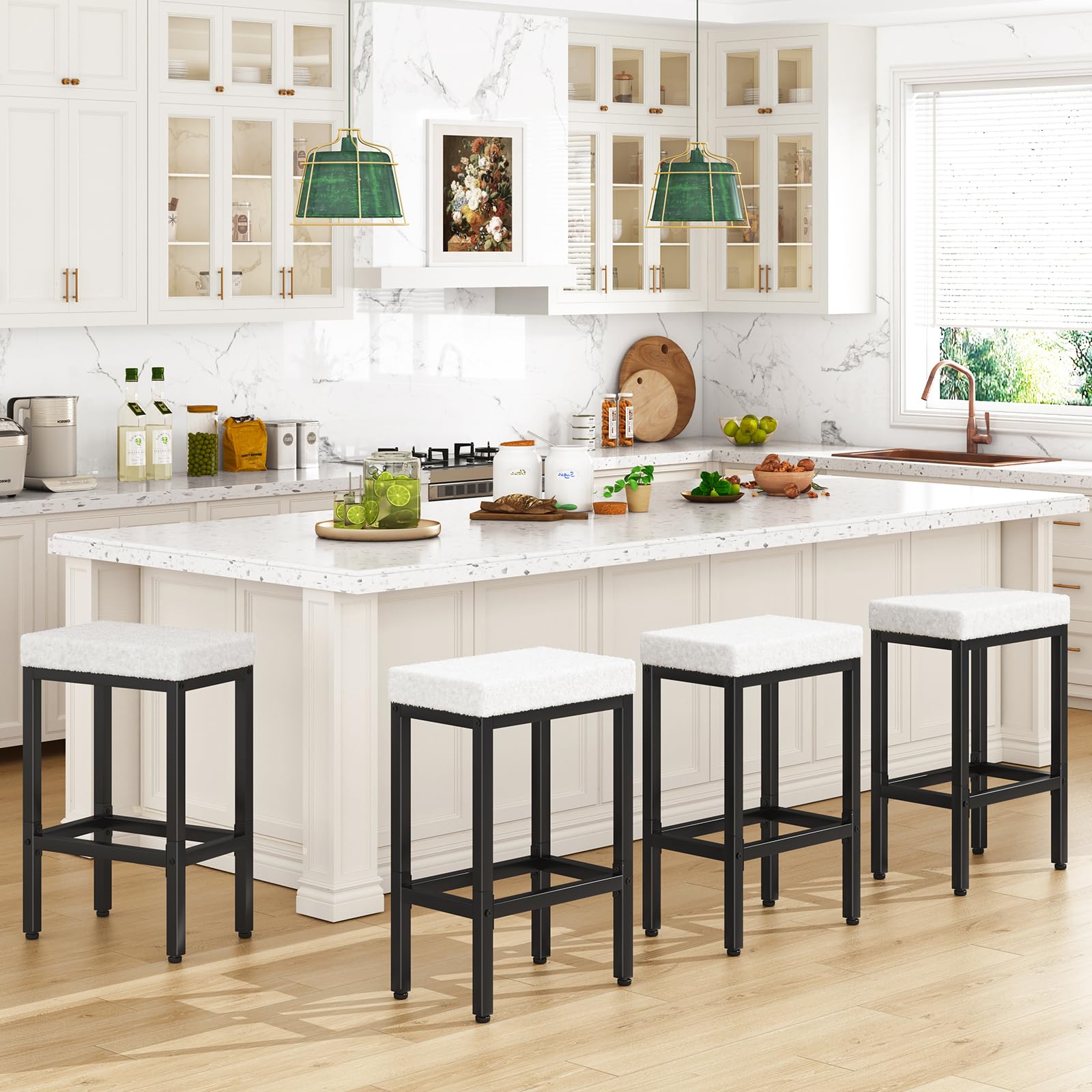 YMYNY Taburetes Altos de Cocina, 66 cm Taburete Cocina Alto, Blancos Taburetes de Bar con Pata de Metal, Silla Alta para Isla Cocina, HBS514W-2