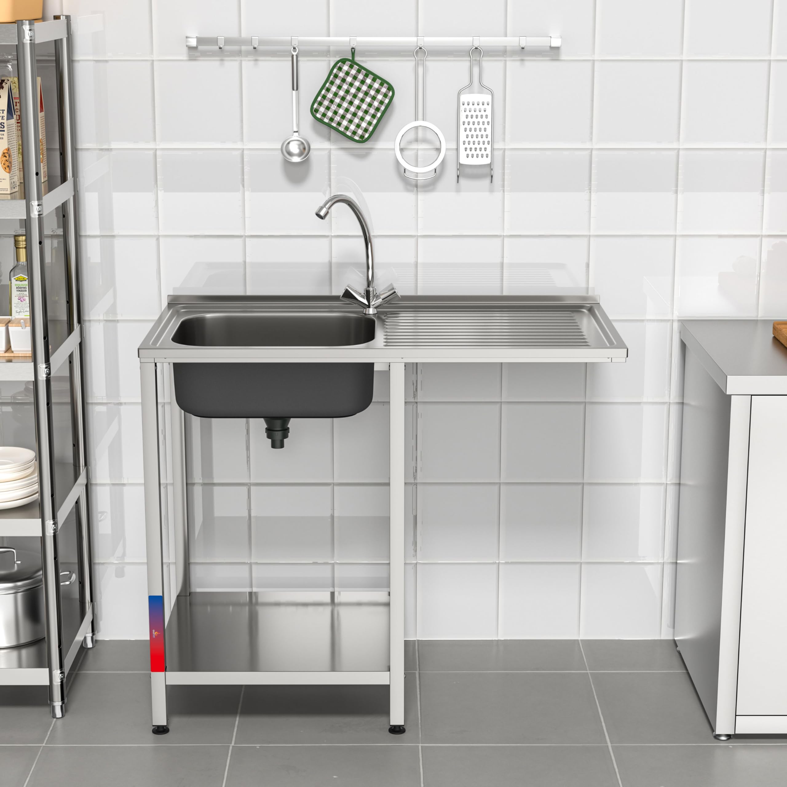 Fregadero Industrial Acero inoxidable con Hueco para Lavavasos, 1 Seno con Escurridor, 1000x500x850 mm, Balda Inferior y Patas Regulables para Hostelería (Izquierda, Sin grifo)