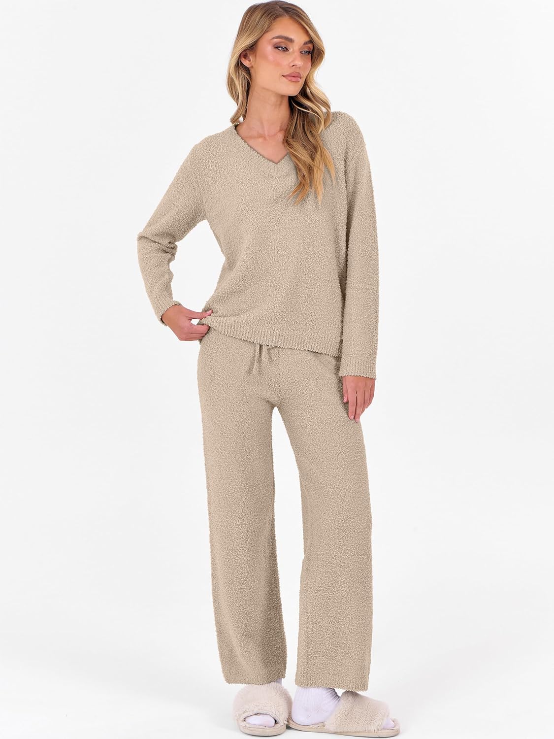 ANRABESS Lounge Sets for Women Fuzzy Fleece Pajama Sets 2 Piece Outfits Cozy Sweater Matching Set 2025 Fall Winter Loungewear - Image 3