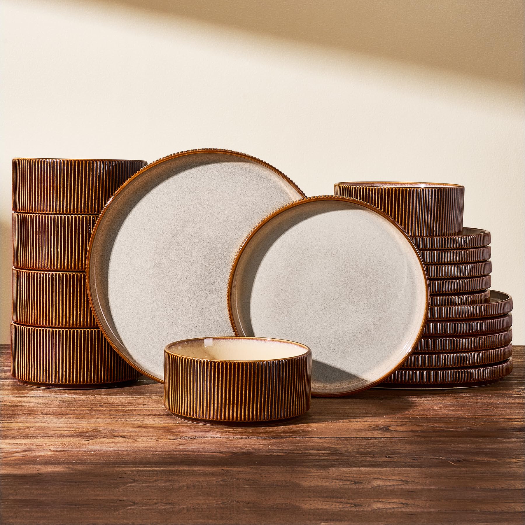 Dinnerware Set for 6, Ceramic Ribbed Plates, Bowls, Dishes