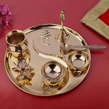 SATVIK Brass Pooja Thali Set 7 Piece   Designer Puja Set with Thali, Ghanti, Bowl, Agarbatti Holder, Kalash, Kuber Diya & Spoon   Round Thali 21.59 cm