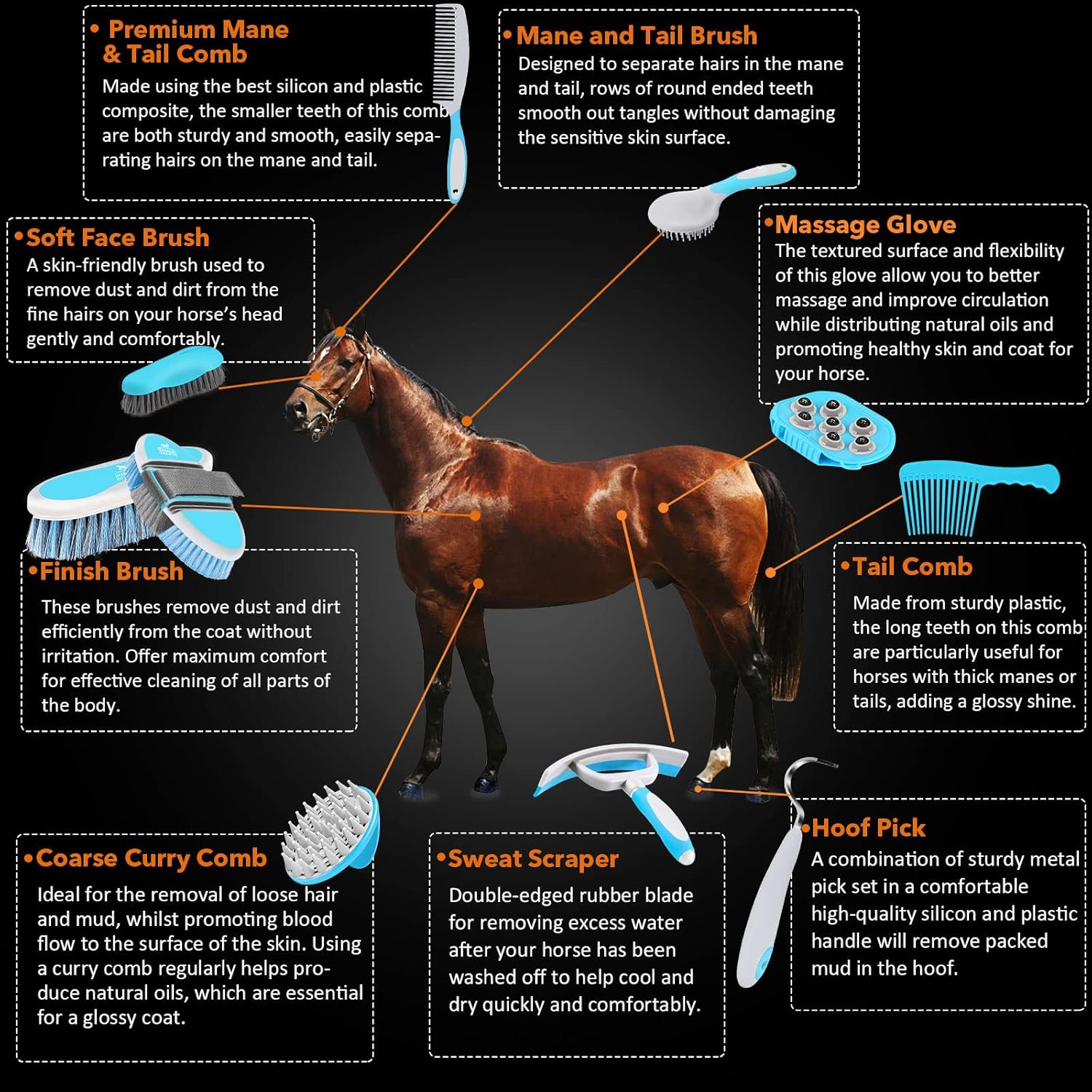 Harrison Howard Horse Grooming Kit 11-Piece Equine Care Series Horse Brush Sets with Organizer Tote Bag Tack Room Supplies Shedding Grooming Massaging Tools-Light Blue : Pet Supplies
