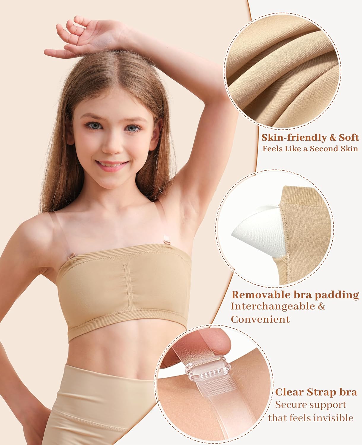 Bandeau Bra for Girls Teen Nude Dance Top Bralette with Adjustable Straps Seamless Sport Brassiere - Image 2