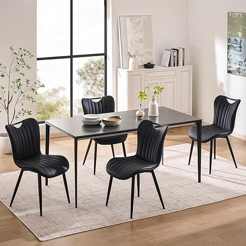 Miniatura 5 de Juego de 2 sillas de comedor tapizadas de cuero, modernas sillas de comedor de cocina de mediados de siglo con patas de metal negro, sillas de