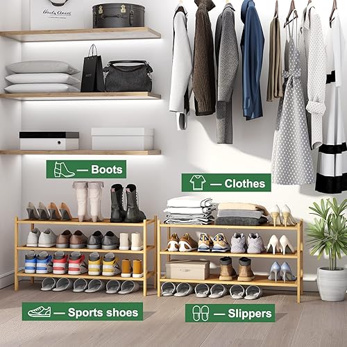 Vista 47 de Zapatero de bambú para entrada, apilable de 2 niveles, plegable, natural, organizador de zapatos para armario de pasillo, zapateros independientes