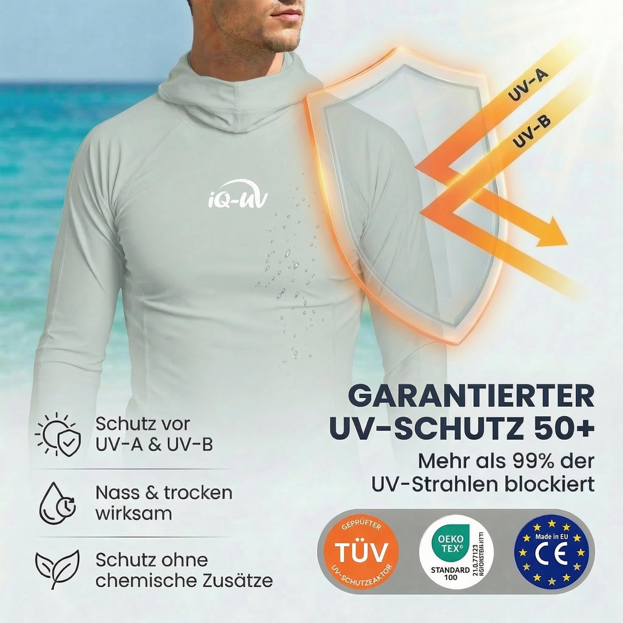 iQ-UV Shirt für Herren Kapuzenshirt Langarm – Rashguard für Herren mit UPF 50+ Sonnenschutz für Aktiv- und Wassersport – Schwimmshirt für Männer – Atmungsaktiv und schnelltrocknend