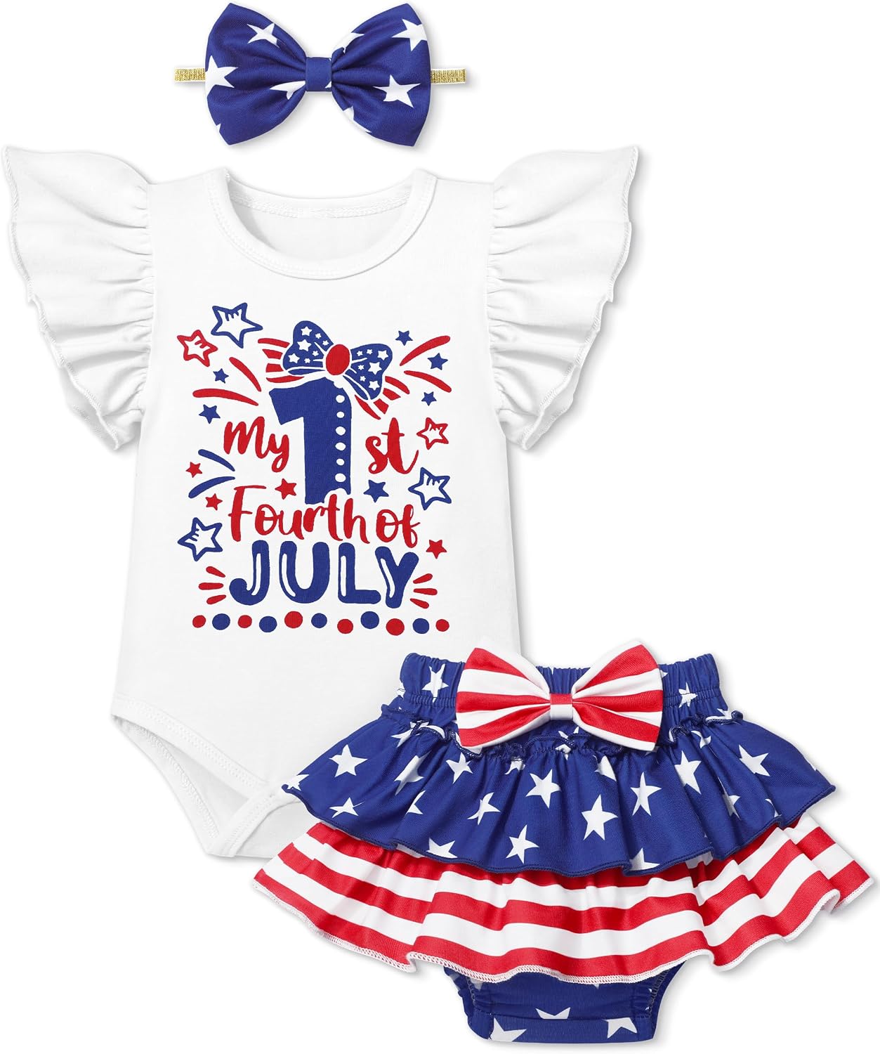 Baby Girl Clothes,Girl Summer Outfit Romper Sets Ruffle Short Sleeve Top+Shorts+ Bow Hairband 3Pcs Set