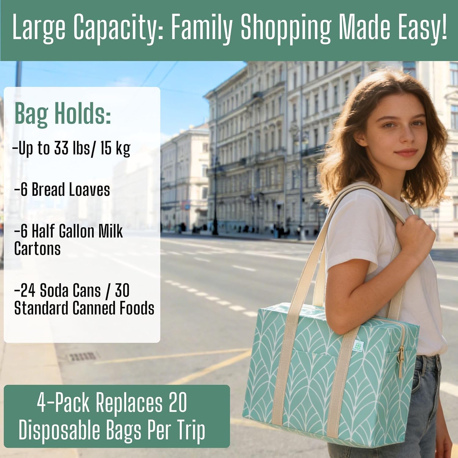 VENO 4 Pack Tote Bag with Zipper, Reusable Grocery Shopping Bag, Heavy Duty, Water Resistance Shoulder Handbag for Women Men (Green Leaves, 4 Pack) - Image 6