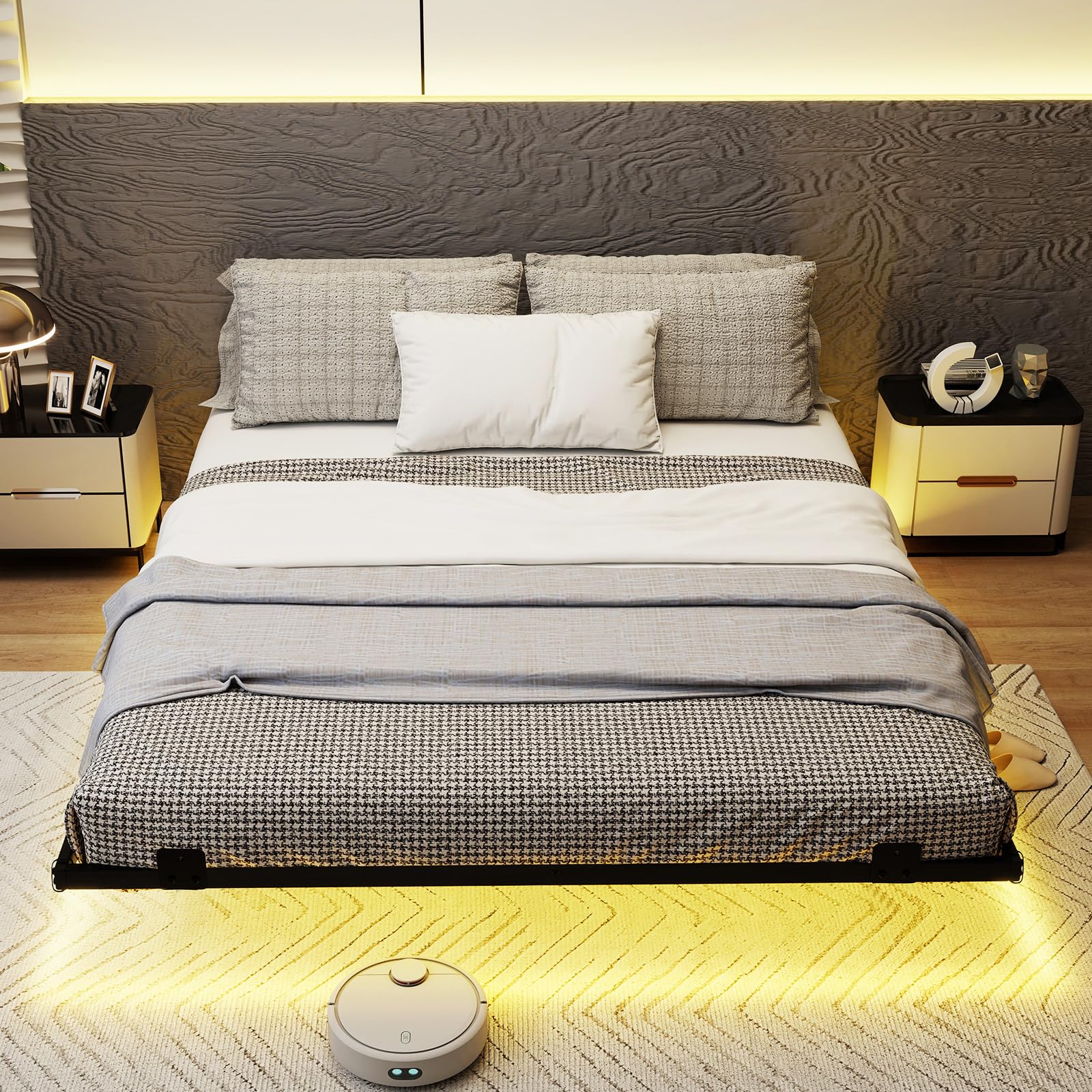 COSTWAY Estructura de Cama Flotante con Luces LED, Marco de Cama de Metal, Cama Plataforma Moderna con Tope Antideslizante para Colchón, Base de Láminas Resistentes (200 x 160 x 24 cm)