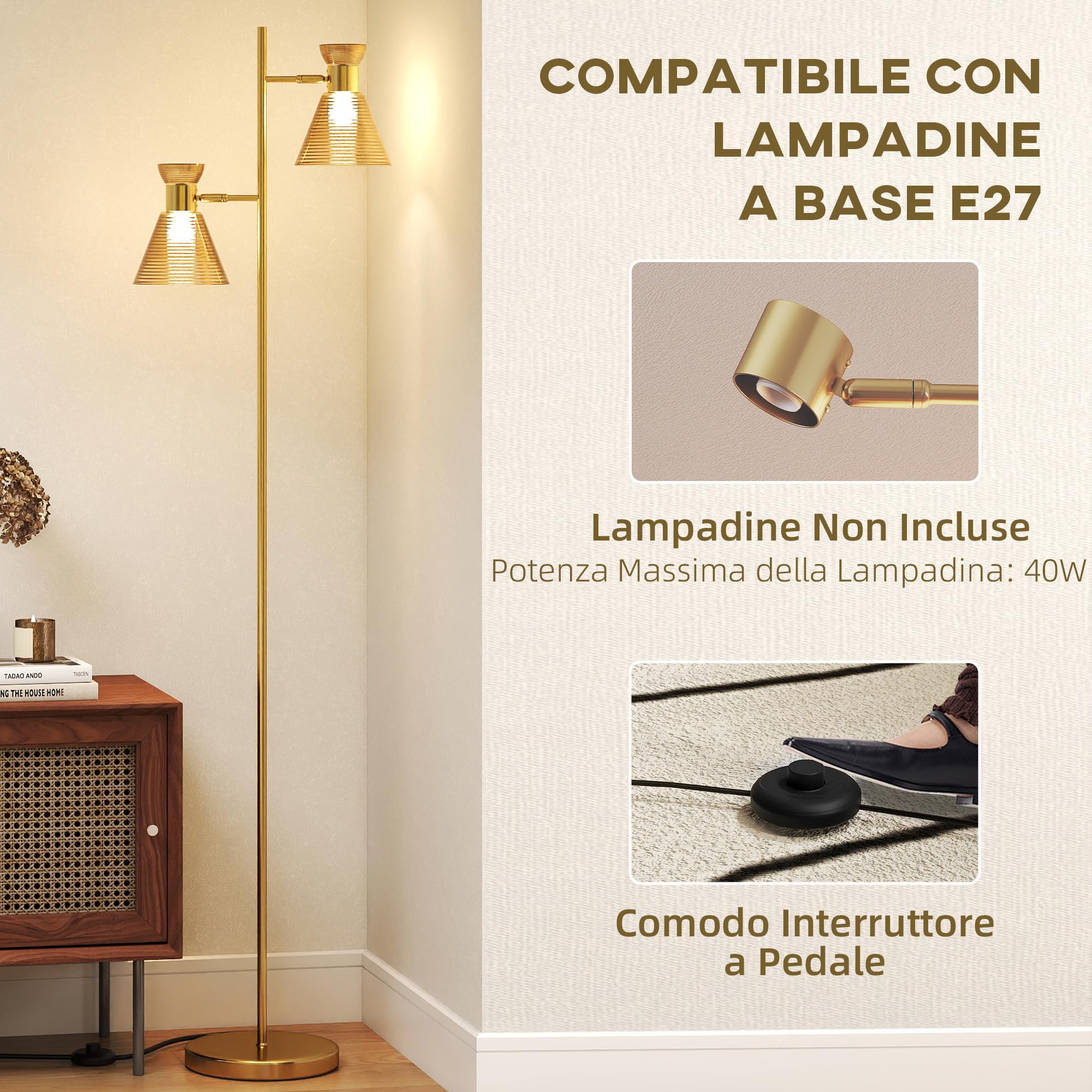 HOMCOM Lampada da Terra 2 Punti Luce Regolabili Basamento Color Oro | Paralumi in Vetro a Fiore, Attacco E27, Interruttore a Pedale