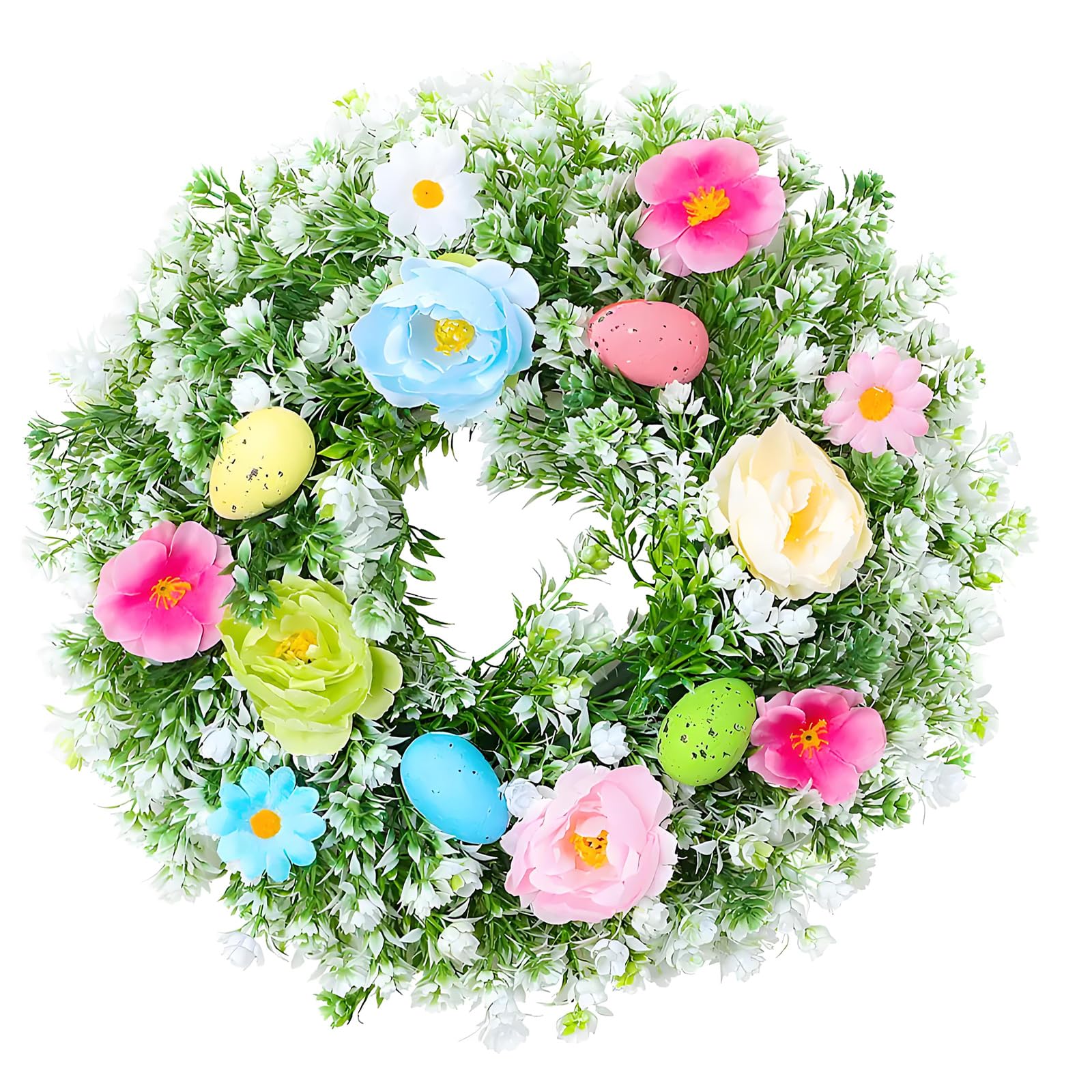 Buxuaaaa Spring Wreath Easter Eggs and Flowers Decoration Florals Garlands Decorative Door Ornament Faux Flower Easter Decoration