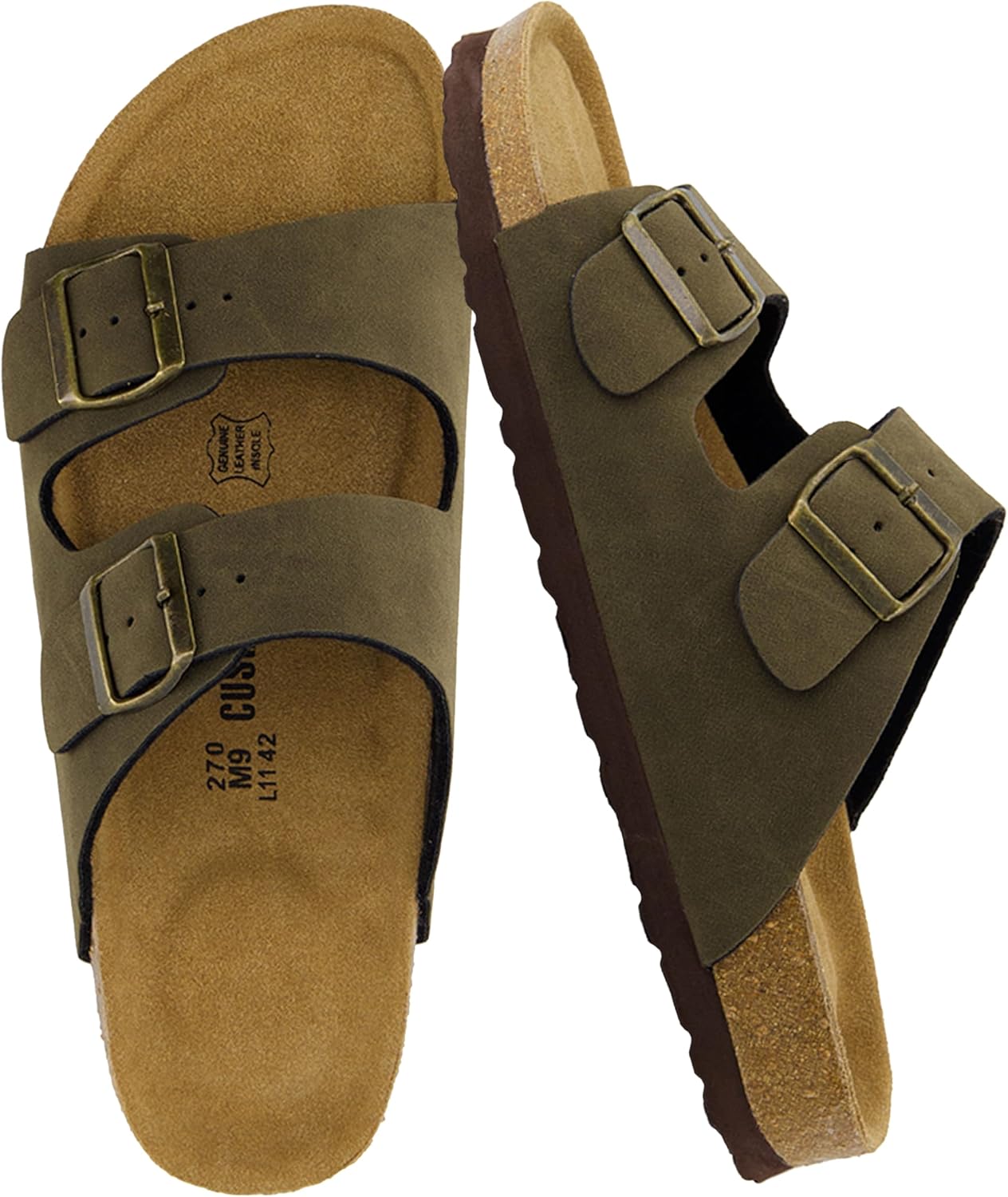 CUSHIONAIRE Lane Cork Footbed Mens Sandals, Adjustable Buckle Comfort Slides for Men, Genuine Leather Insole Summer Sandals Men Footwear
