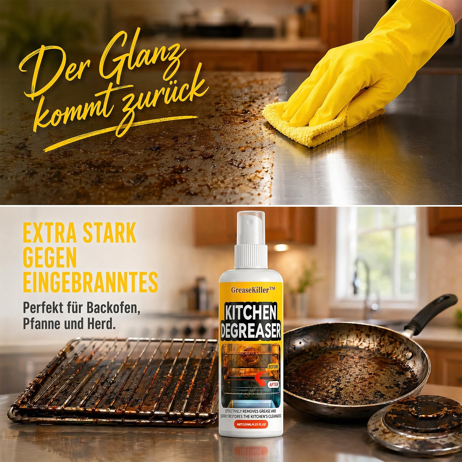 Grease Killer Spray, 2026 Neu Fast-Acting Heavy-Duty Grill Degreaser Spray, Biologisch Abbaubar, Kraftvoll Gegen Eingebranntes & Verkrustungen, Grillrost, Edelstahl, Gusseisen, Air Fryer (1 Flasche)