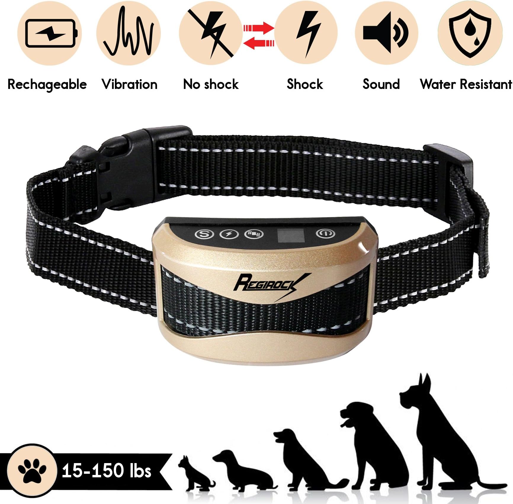 REGIROCK [2018 Upgrade Version] Barking Control Collar - Rechargeable & Rainproof No Bark Collar with Sound, Vibration and Static Shock - 7 Levels of Sensitivity for Small Medium and Large Dog