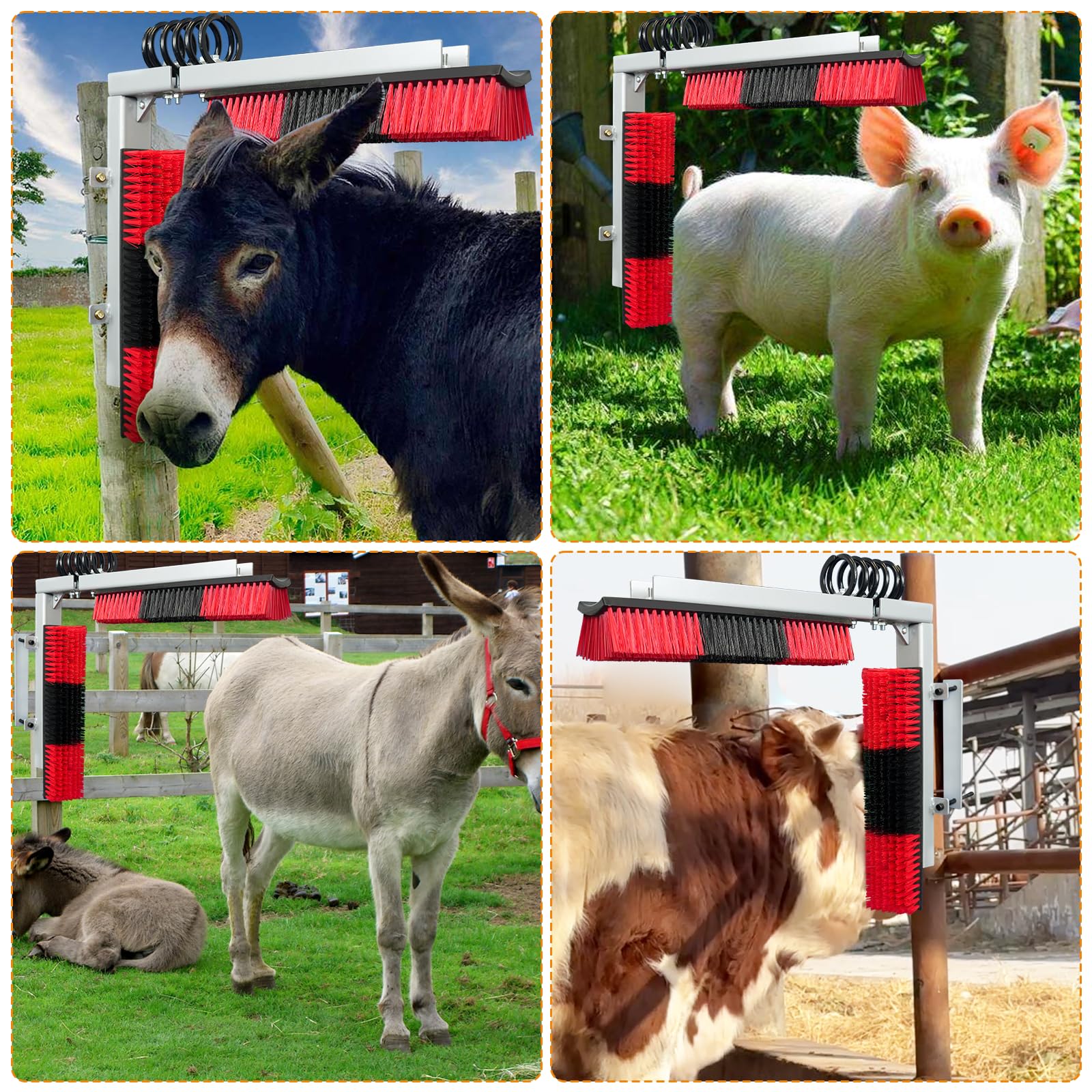 Cepillo para rascar ganado con soporte de hierro de resorte, cepillo para rascar la espalda de animales, incluye 4 cepillos de cabra, 4 soportes y accesorios para vaca, ganado, ovejas, caballos