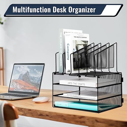 Miniatura 2 de EASEPRES Bandeja organizadora de escritorio, organizador de papel de 3 niveles con 5 secciones verticales, soporte clasificador de carpetas de