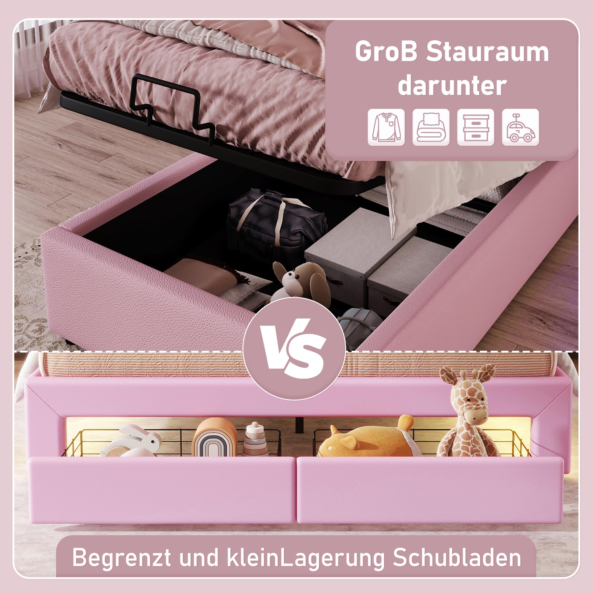 Merax Kinderbett 90x200, Polsterbett für Mädchen Kronen-Einzelbett mit LED-Streifen, Hydraulischer Stauraum, aus PU-Leder Bettrahmen mit Lattenrost(ohne Matratze), Rosa