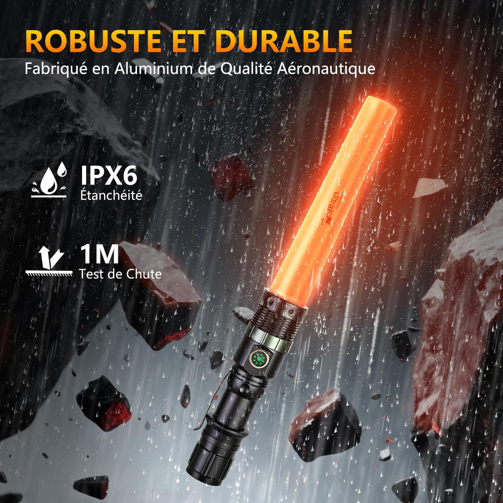 UltraFire Lot de 2 lampes de poche LED rechargeables, 500 lumens, signal zoomable, 3 modes, USB-C, pour contrôle de la circulation, aéroport, camping, urgence, UF-303X