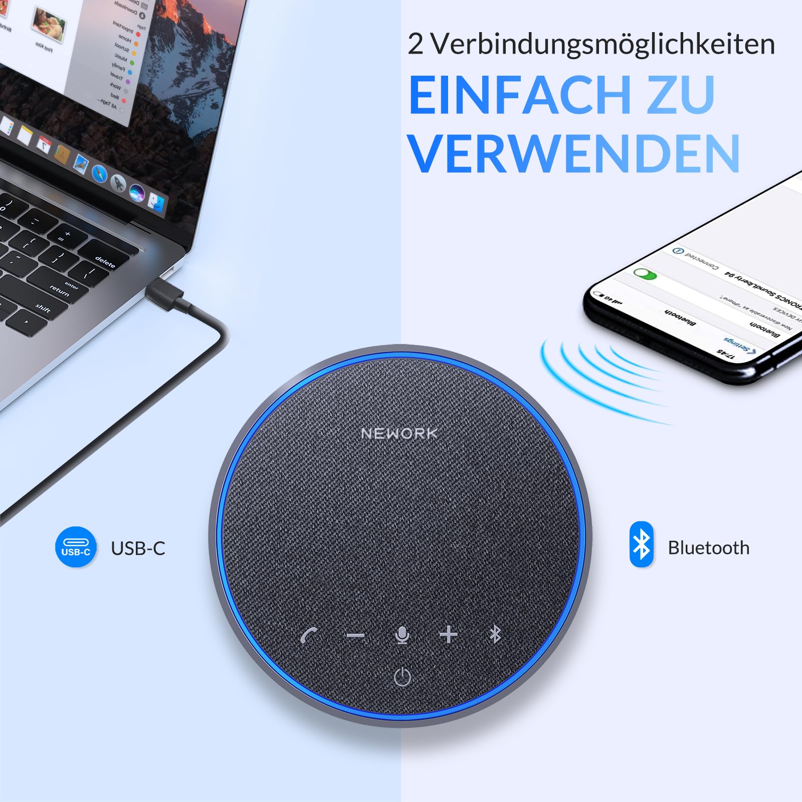 Bluetooth Konferenzlautsprecher mit 3 KI-Mikrofonen, 360° Sprachaufnahme und Geräuschunterdrückung, 12h Akkulaufzeit, tragbare Freisprecheinrichtung für Meetings, Zoom, Teams und Home Office