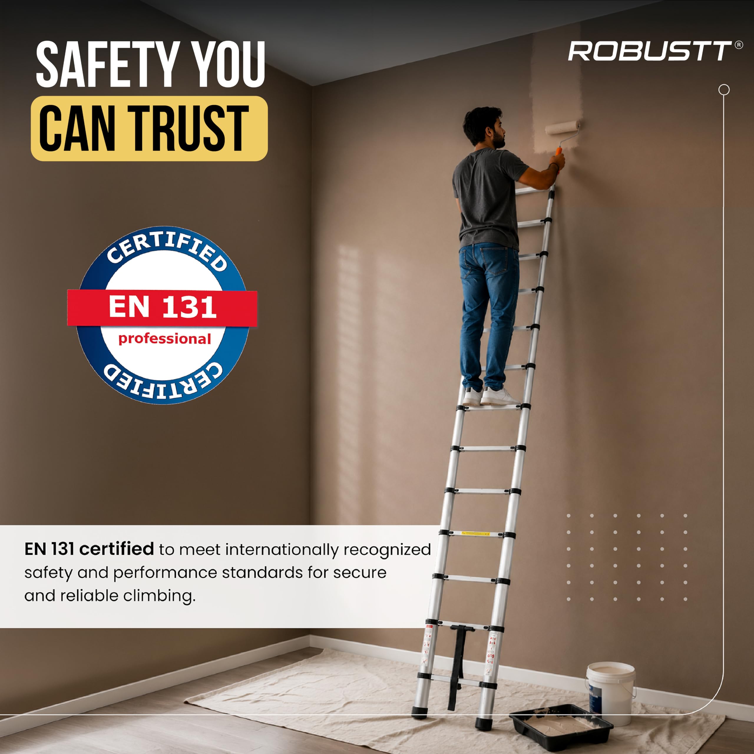 Robustt 12.5 FT / 380 Cm Telescopic Folding Ladder | 150 kg Load Capacity| Locking Steps| Collapsible | Portable Ladder for Home, Construction and Outdoor use | 2 Years Warranty — Amazon image 3