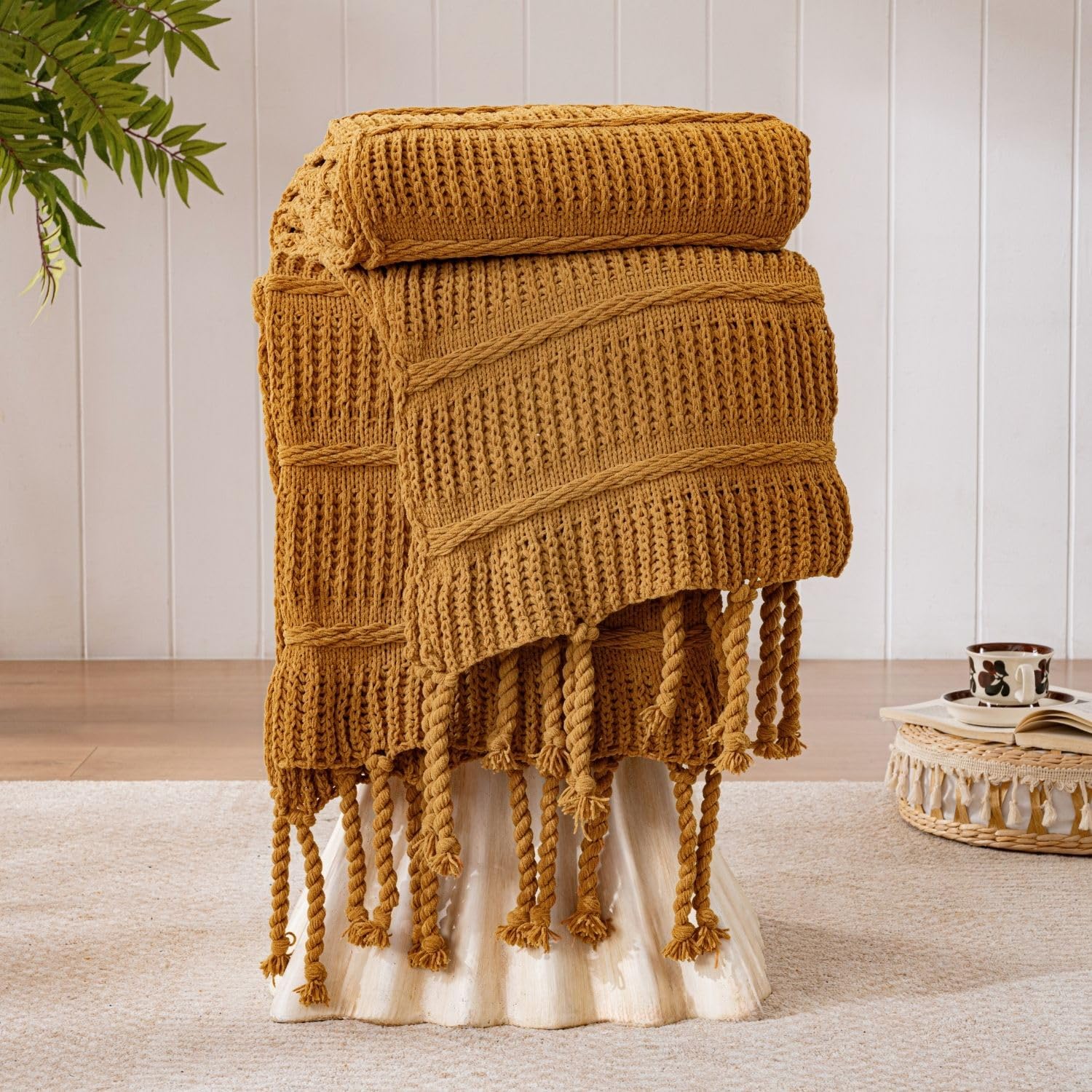 Photo 1 of DOWN HOME Boho Knitted Chenille Blanket - King, Amber Brown