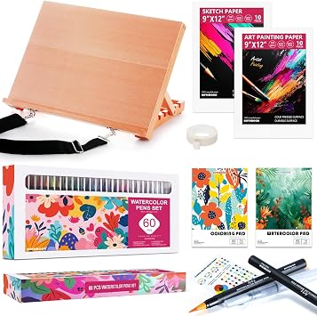16.5"x12" Adjustable Portable Beechwood Tabletop Easel for Painting, 60 Watercolor Pens Set Includes 52 Vivid Colors, Real Brush Tips Paint Markers Set with 4 Blender Pens