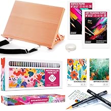 16.5"x12" Adjustable Portable Beechwood Tabletop Easel for Painting, 60 Watercolor Pens Set Includes 52 Vivid Colors, Real Brush Tips Paint Markers Set with 4 Blender Pens