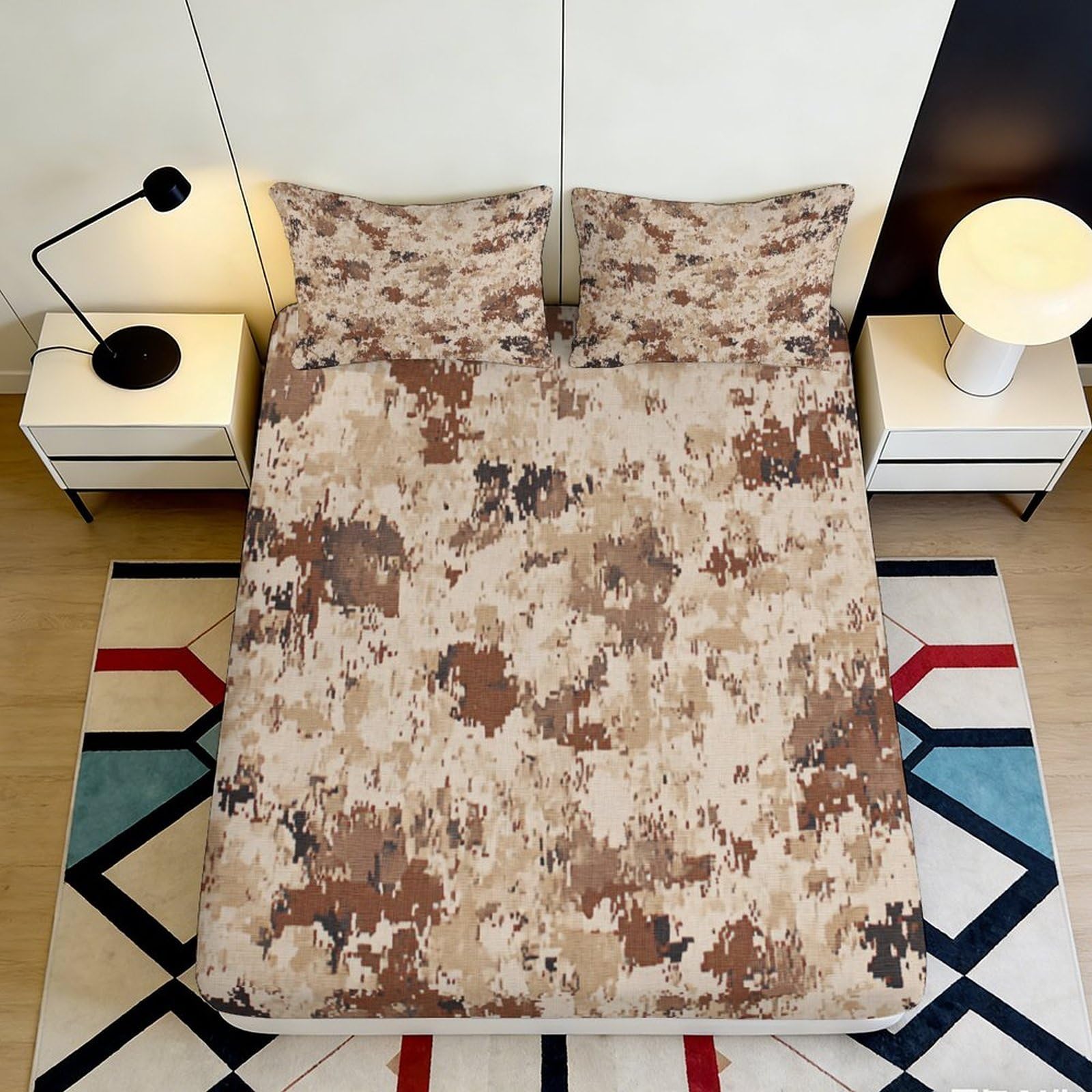 3D Printed Desert Camouflage Fitted Sheet Microfiber Soft Breathable Brown Pixel Mattress Cover for Bedroom Dorm Decor 118 180x200x25cm
