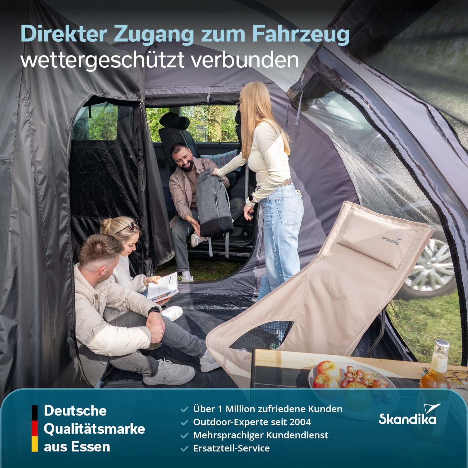 Skandika Esbjerg Travel 4 Protect namiot przedsionek autobusowy, wolnostojący, dla 2 lub 4 osób, wszyta podłoga namiotu, wysokość stania 210 cm, 2 sypialnie, słup wody 3000 mm, wodoodporny, namiot
