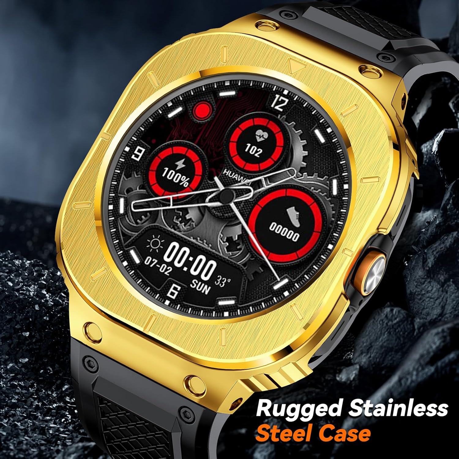 Silicone Band with Stainless Steel Case Cover Compatible with Samsung Galaxy Watch 8 Ultra 47mm (2025) / Samsung Galaxy Watch Ultra 7 47mm Bands (2024) Protective Case Cover for Men (Gold) Gold Galaxy Watch 7 8 Ultra -47mm