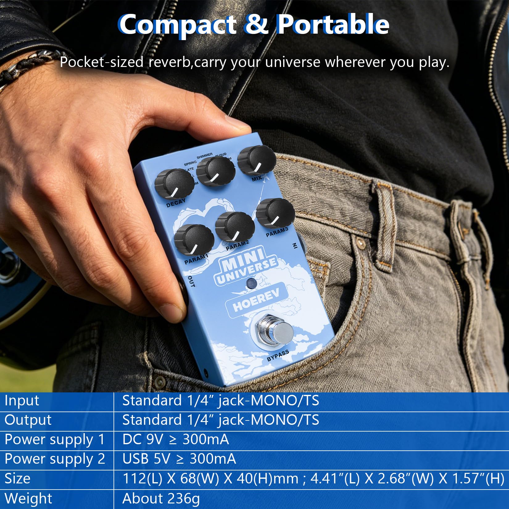 Hoerev Mini Universe Reverb Gitarren Effektpedal, 9 Reverb Effekte, Room/Hall/Plate/Spring/Shimmer/Cloud/Bloom/Swell/Lofi, True Bypass