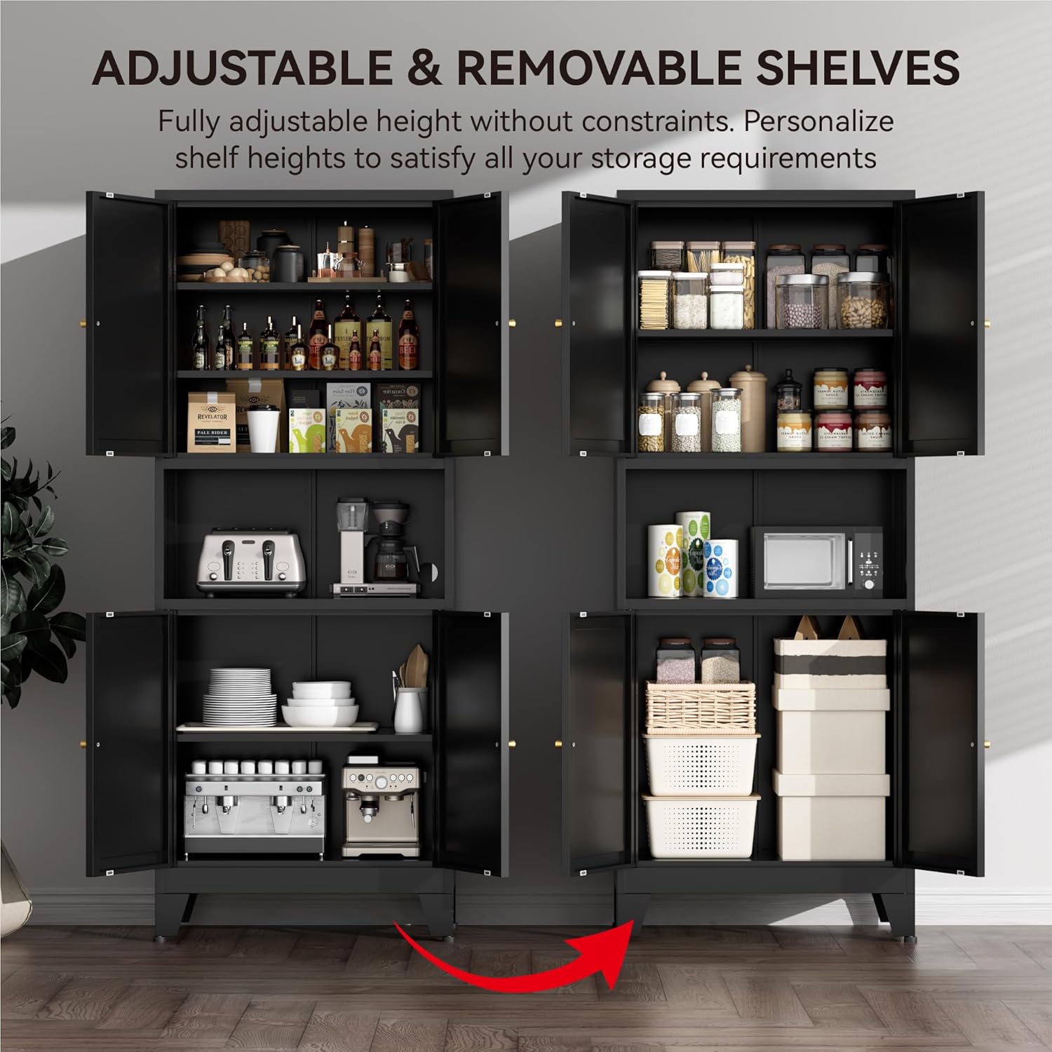Image showing the adjustable and removable shelves of the COFaR pantry cabinet, demonstrating how shelf heights can be personalized to accommodate different storage needs.
