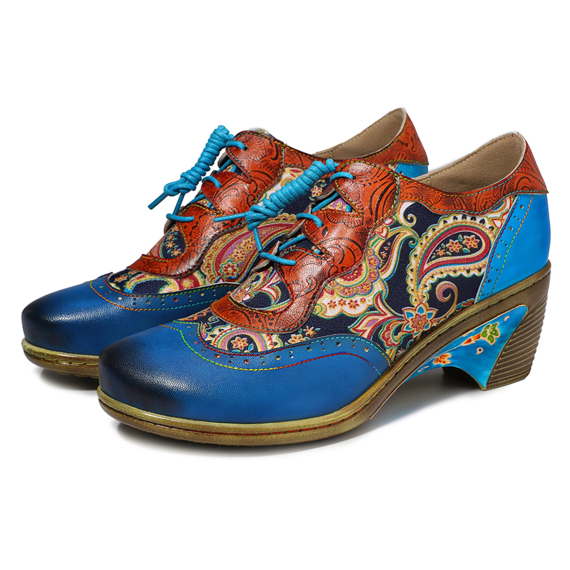 Women's Handmade Lambskin Oxford Loafers Shoes with Retro Ethnic Printed Style, Brock Design for Casual and Fashion Collegiate Style