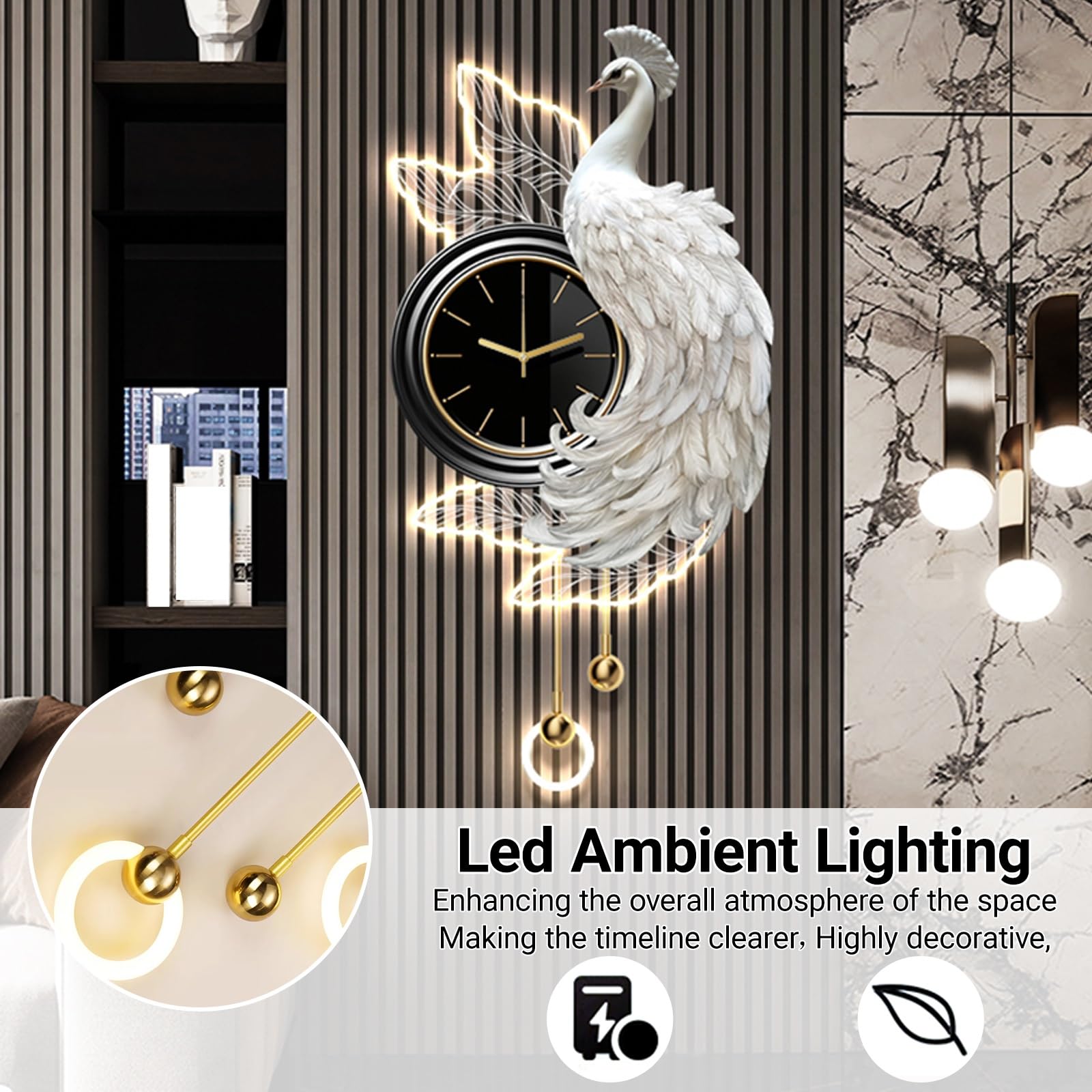 Orologio da parete 3D a forma di pavone con luce LED, orologio decorativo moderno con movimento silenzioso, scultura in porcellana di cristallo per ingresso soggiorno, 50 x 100 cm