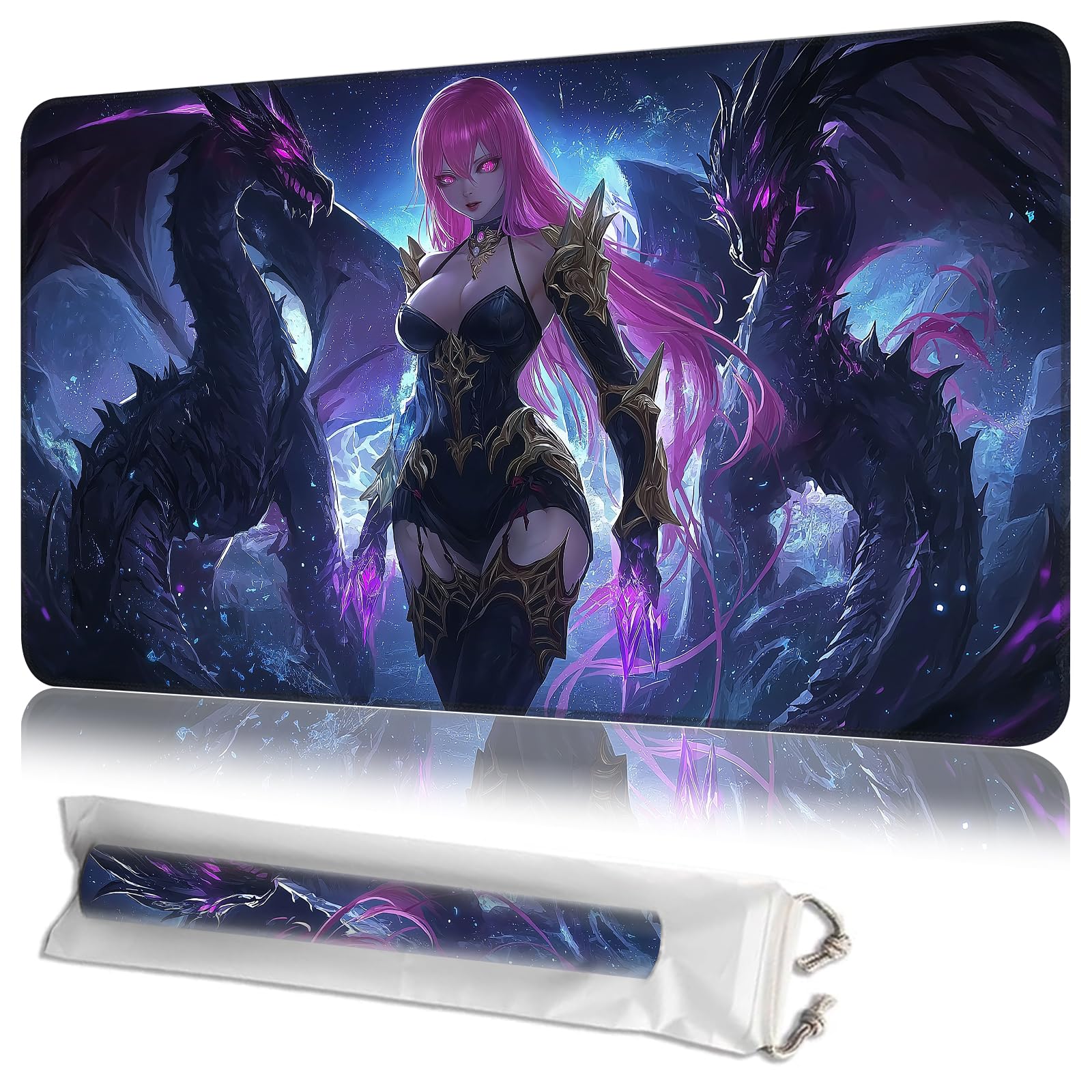 JANENFNA TCG Card Playmat 24" x 14" with Storage Bags for MTG Game Play Mats, Premium Stitched Non-Slip Rubber Tabletop Magic Play Mats Desk Duel Card Breaking Mats, Girl and Dragons โ image 1