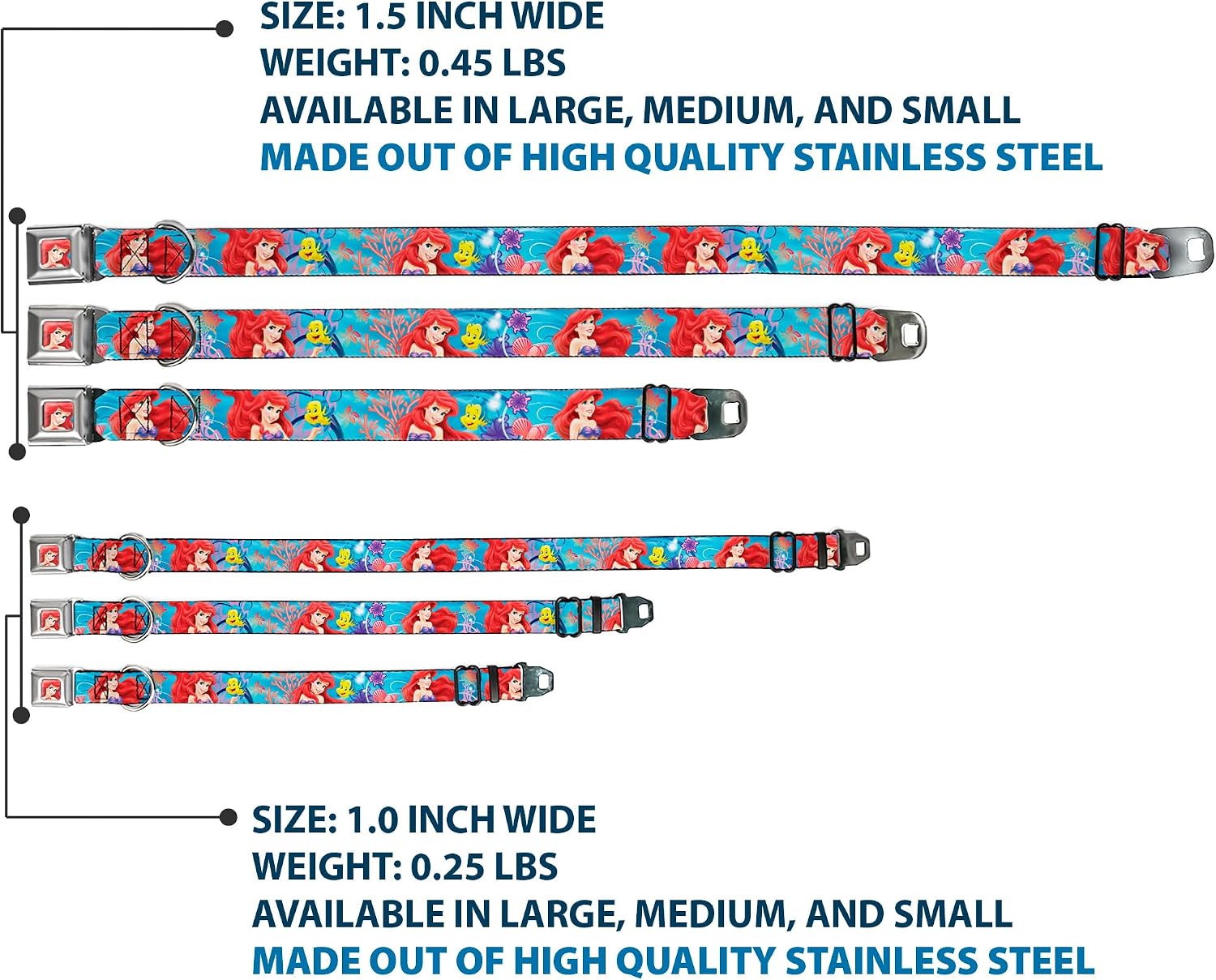 Buckle-Down Seatbelt Buckle Dog Collar - Ariel & Flounder Vivid Underwater Poses - 1.5" Wide - Fits 18-32" Neck - Large