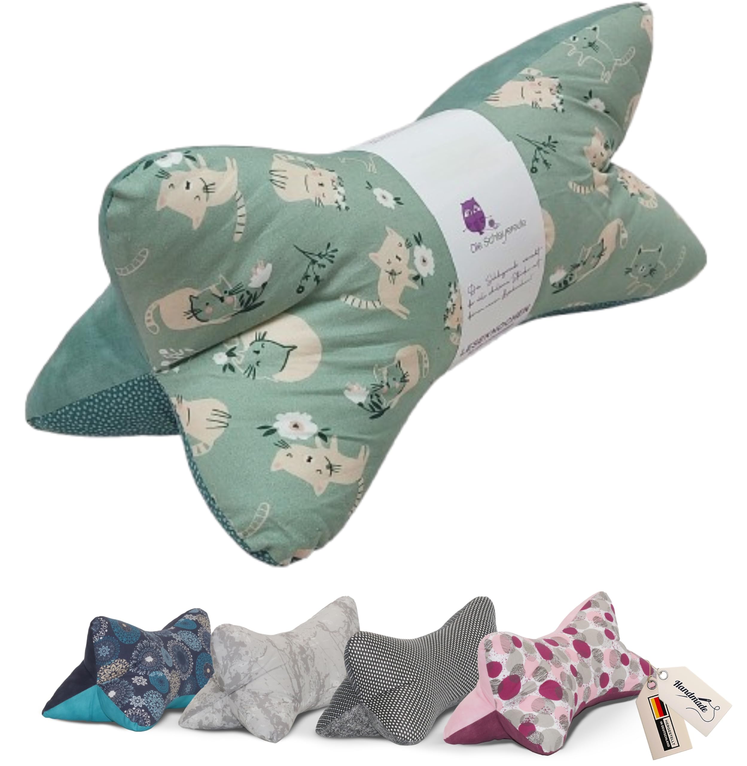 Leseknochen Kinder Nackenkissen Handmade in Deutschland, waschbar und ergonomisch, als Nackenrolle, Lesekissen und Lagerungskissen nutzbar (Kitty Mint)