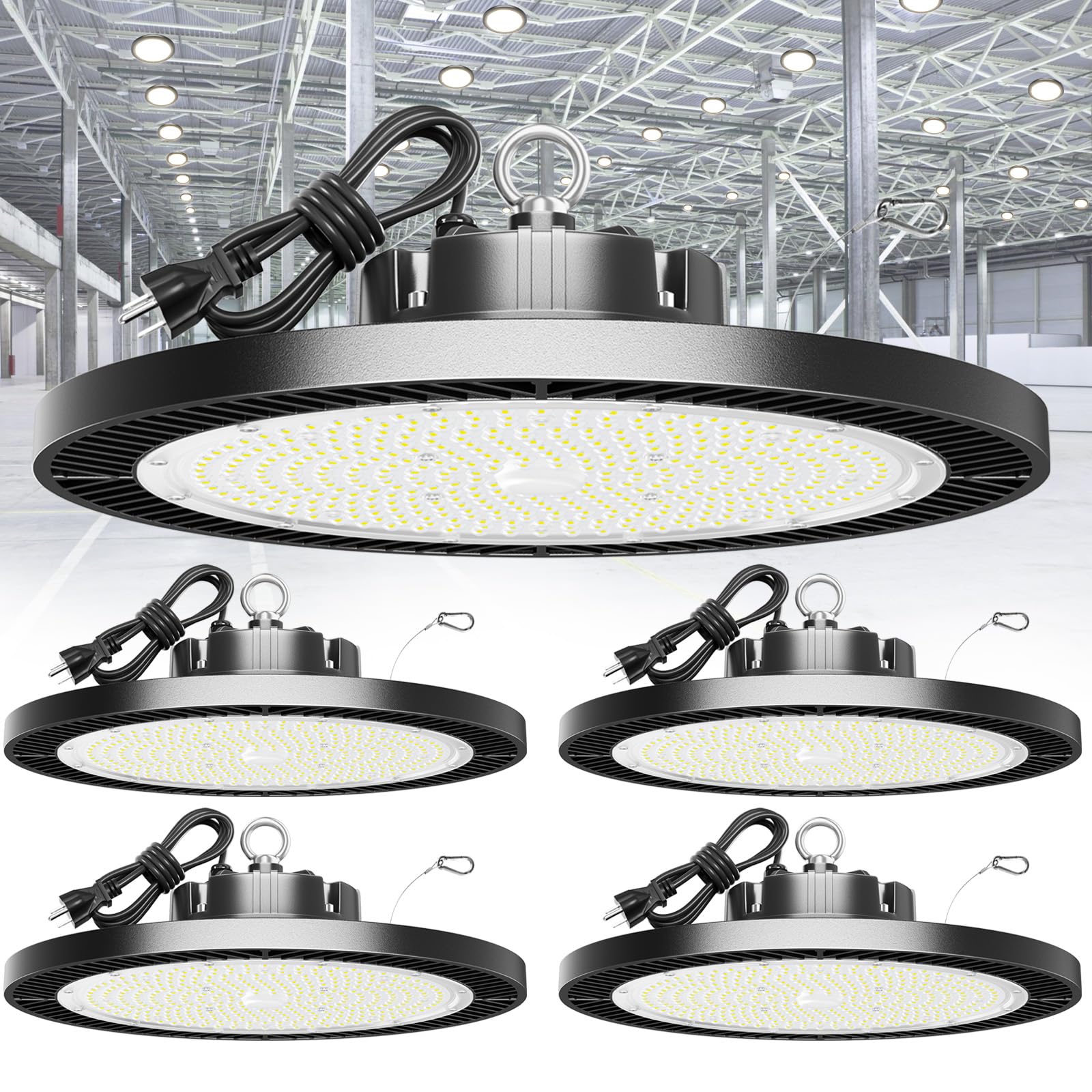 Super Bright 250w Ufo Led High Bay Light 4 Pack,5000k 35000lm High Bay Led Shop Lights With 5' Cable Plug,Hanging Shop Lights Garage Barn Lighting Light With Garage Workshop Factory Barn Warehouse
