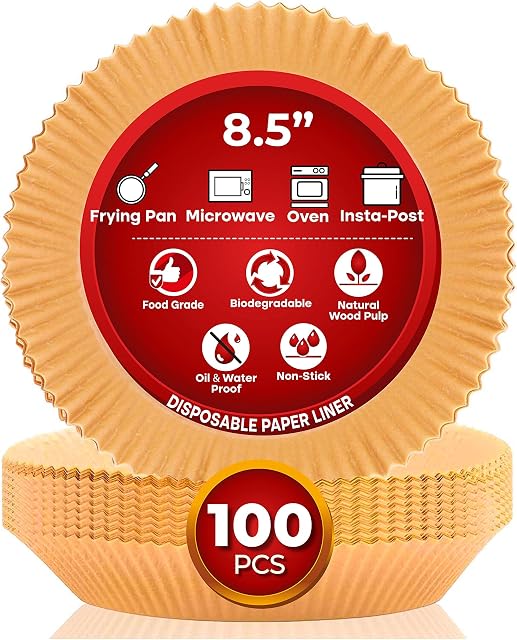 Xabono Air Fryer Liners Disposable Round Air Fryer Disposable Paper Liner 100Pcs Air Fryer Liner Non Stick Parchment Paper for Air Fryer Oil Waterproof Air Fryer Parchment Paper Roast Liner Size 8.5